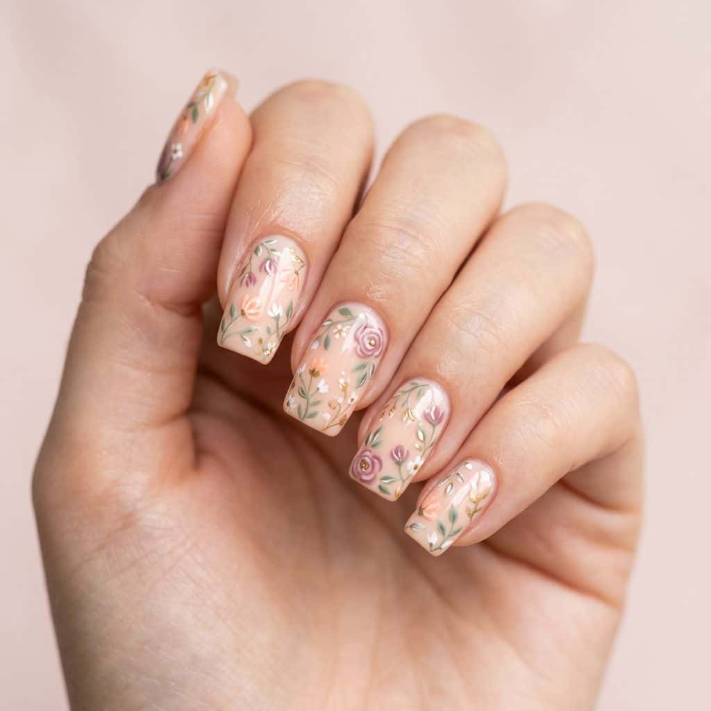 Delicate, hand-painted floral patterns in shades of soft peach, mauve, and sage green adorn the nail.