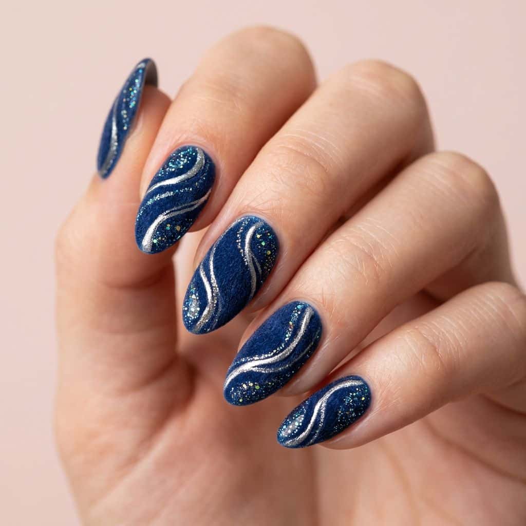 Midnight blue gel polish with a subtle, textured velvet finish.
