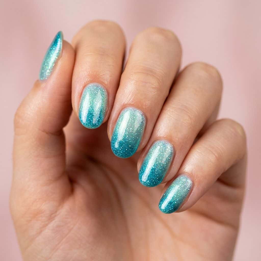 A sleek, high-shine gel polish design featuring a gradient of iridescent blues and greens, from pale turquoise at the cuticle to deep teal at the tip.