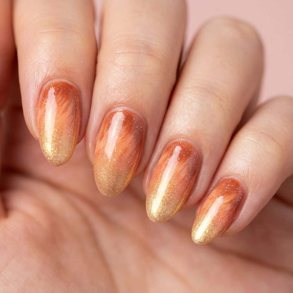 A gradient of warm, shimmering hues evokes the mystical atmosphere of a surreal sunset on the nails.