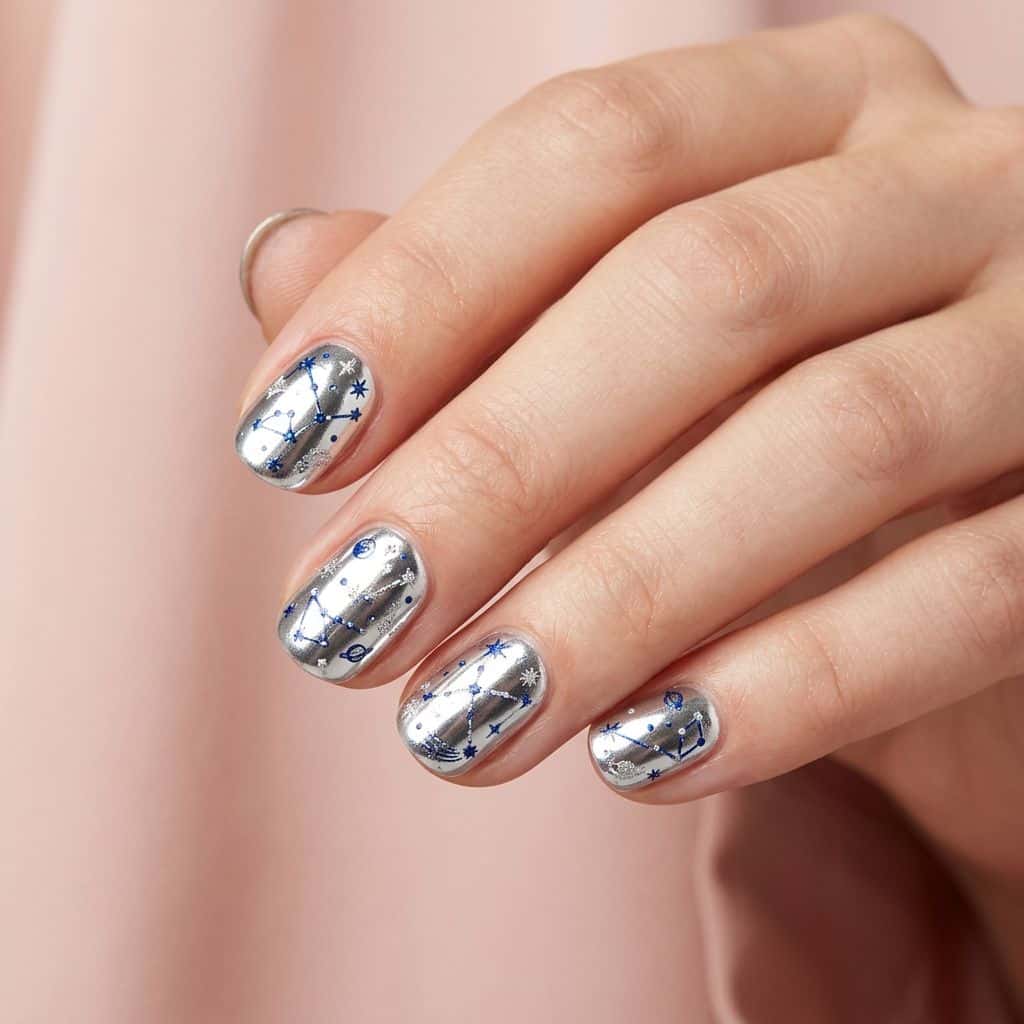 Dazzling chrome nail design with intricate, hand-painted constellations in shades of sapphire blue and metallic silver.