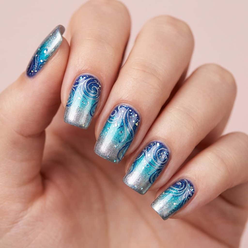 A metallic silver base coat with a gradient effect, transitioning from a deep indigo blue at the cuticle to a mesmerizing turquoise towards the tip.