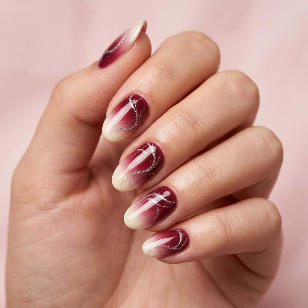 Elegant, crescent-shaped gradient of rich berry wine (warm, dark red) and creamy ivory on a smooth, high-gloss finish.