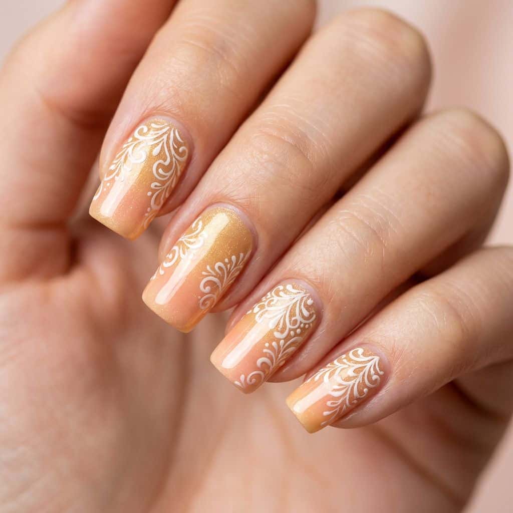 Warm, sun-kissed nails feature a gradient of golden honey and soft peach hues, transitioning from a subtle shimmer finish at the cuticle to a smooth.