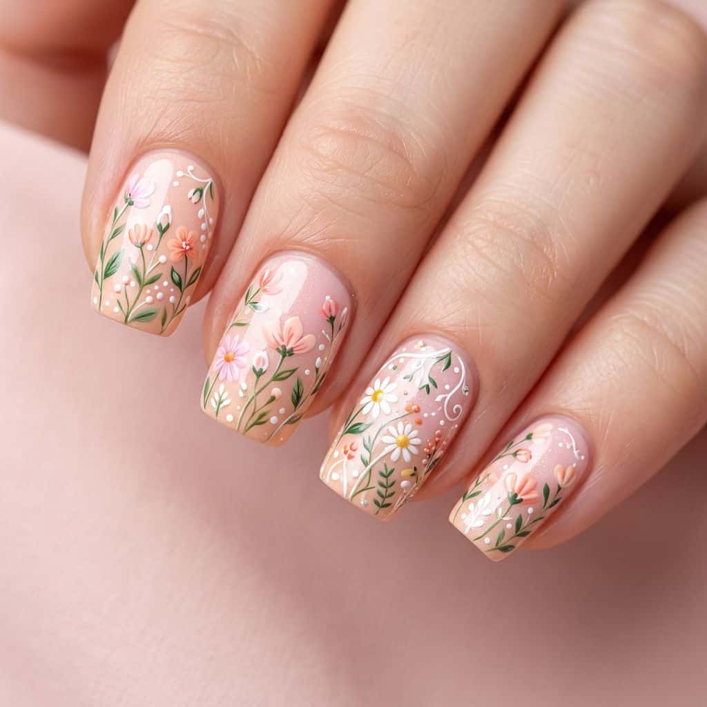 A delicate, floral pattern in shades of pastel pink and peach, with intricate white details and a subtle shimmer finish.