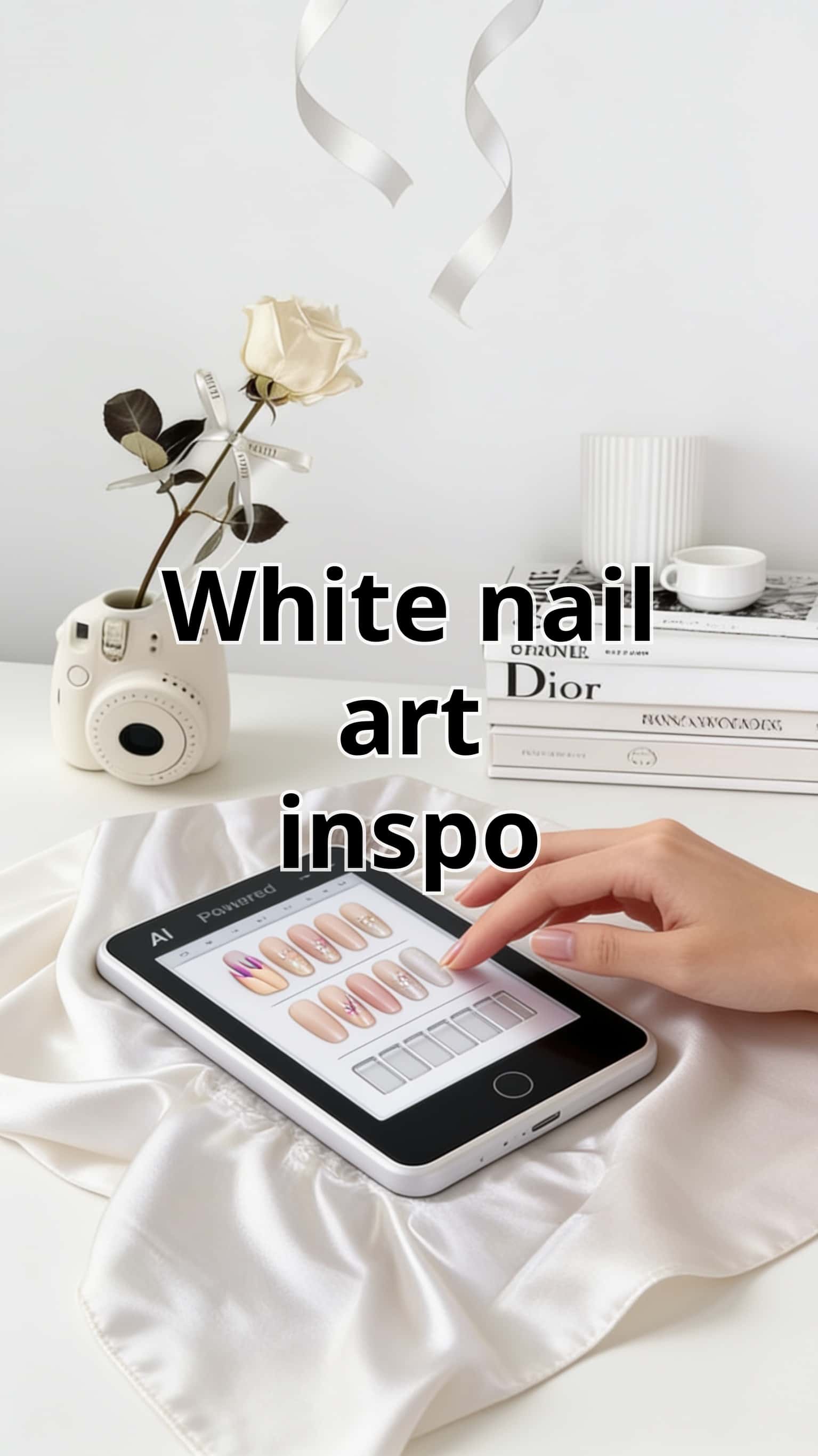 6 white nail ideas on manicured hands, tagged nail art, nail inspo, white nails.