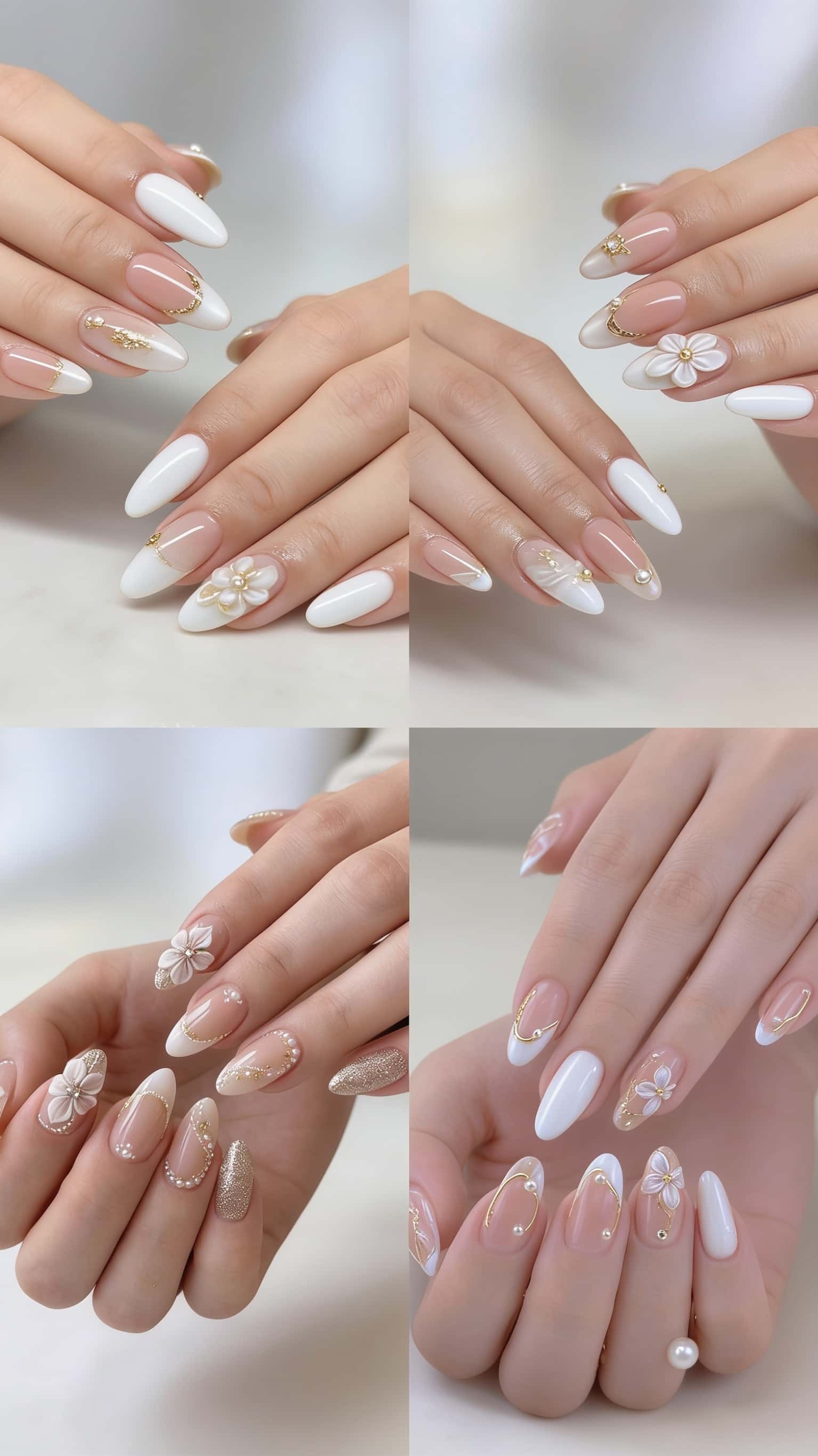 6 white nail ideas on manicured hands, tagged nail art, nail inspo, white nails.