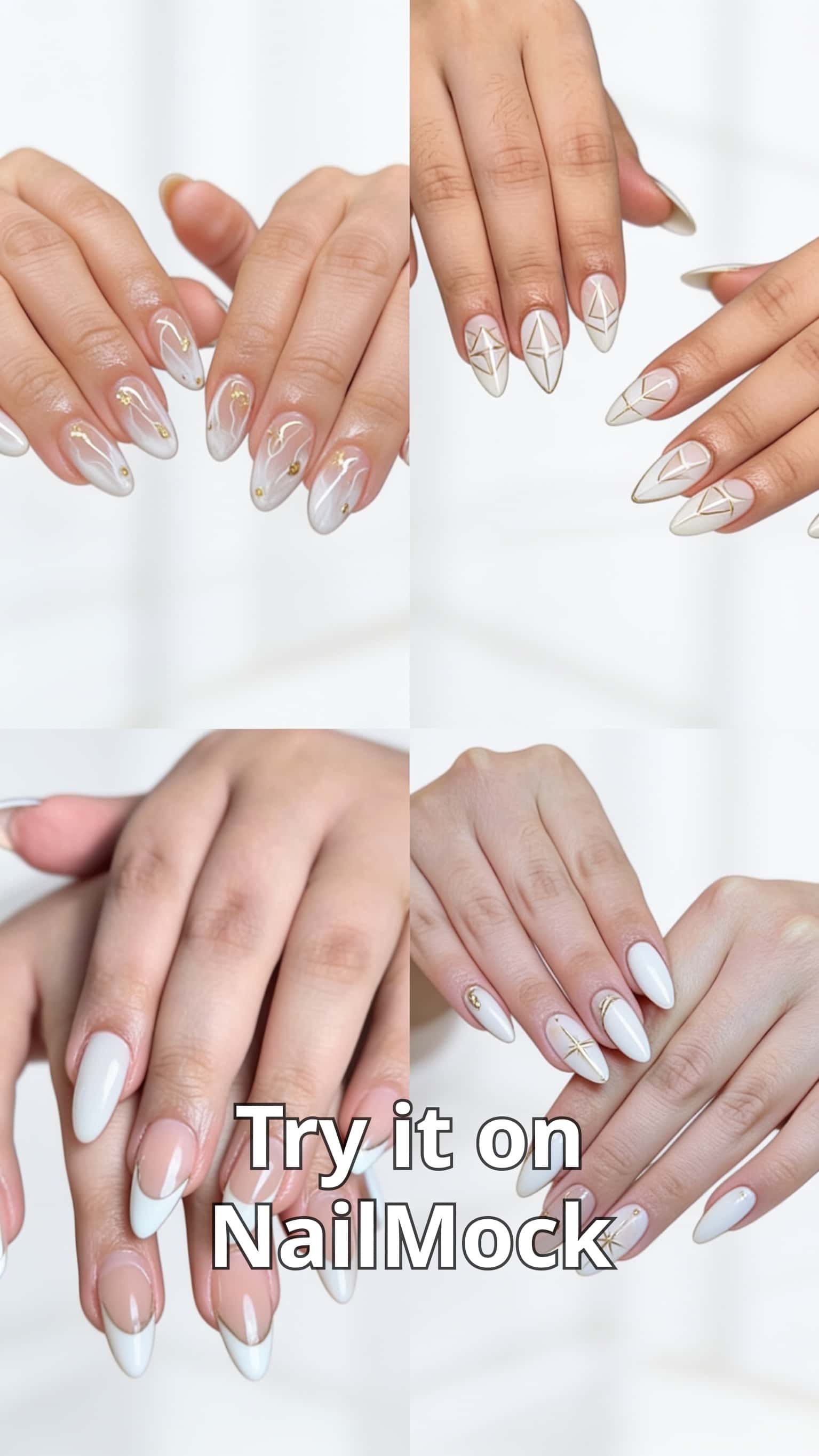 6 white nail ideas on manicured hands, tagged nail art, nail inspo, white nails.