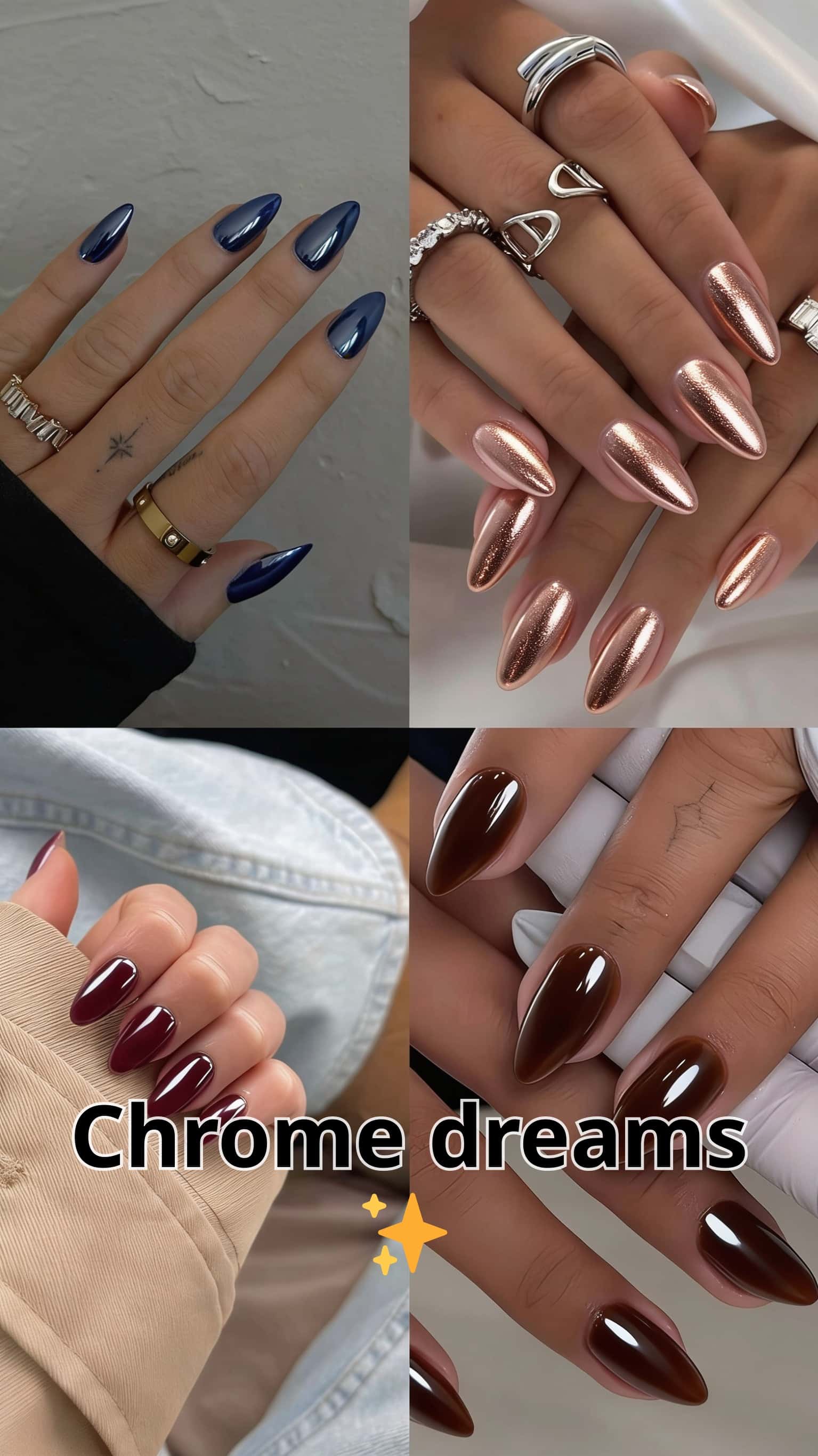 6 chrome nail ideas on manicured hands, including chrome dreams, dotted dreams, cloudy whites, shimmering french.