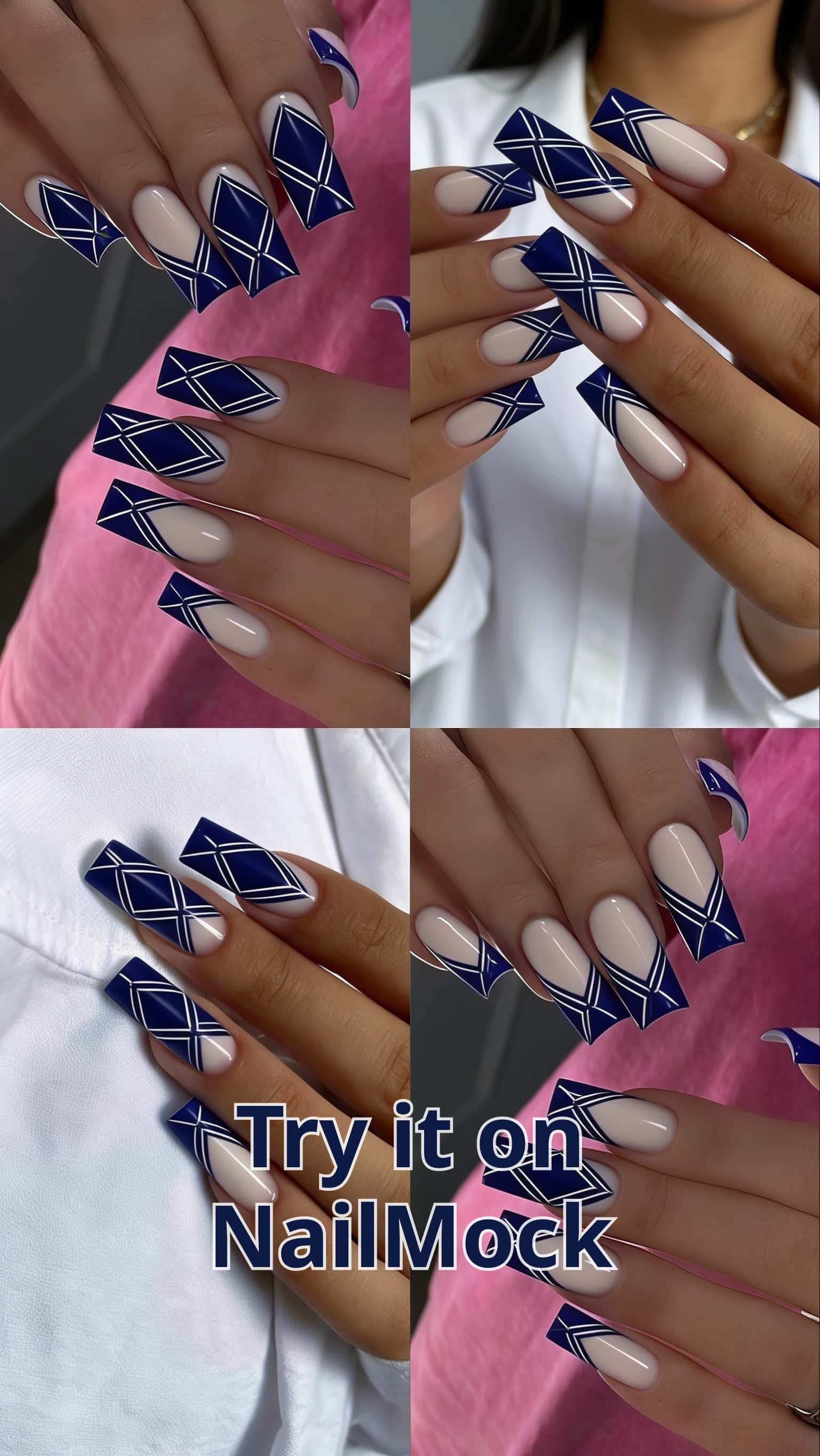 6 navy nail ideas on manicured hands, tagged navy nails, blue nails, nail inspo.