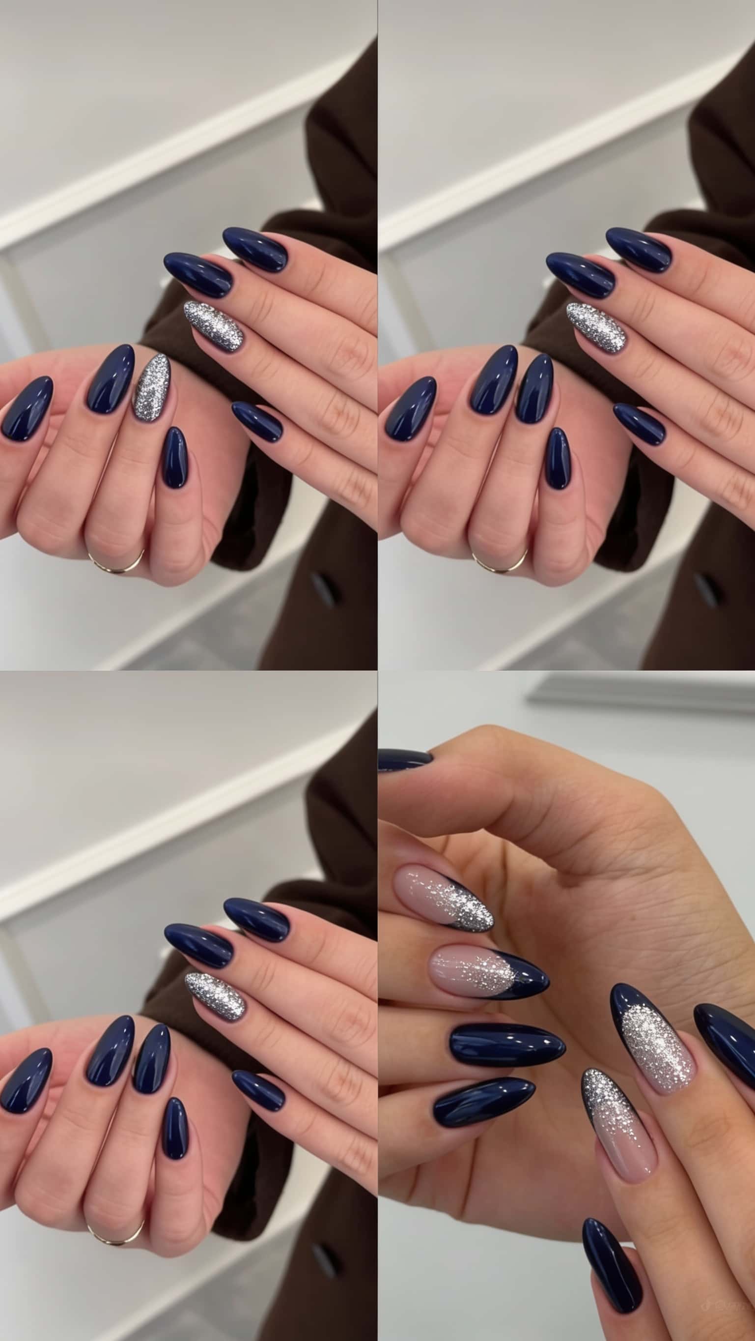 6 navy nail ideas on manicured hands, tagged navy nails, blue nails, nail inspo.