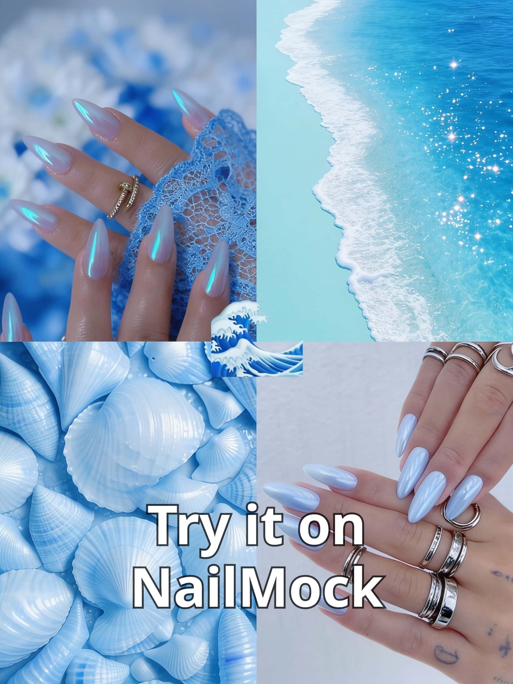 5 chrome nail ideas on manicured hands, tagged chrome nails, nail inspo, summer nails.