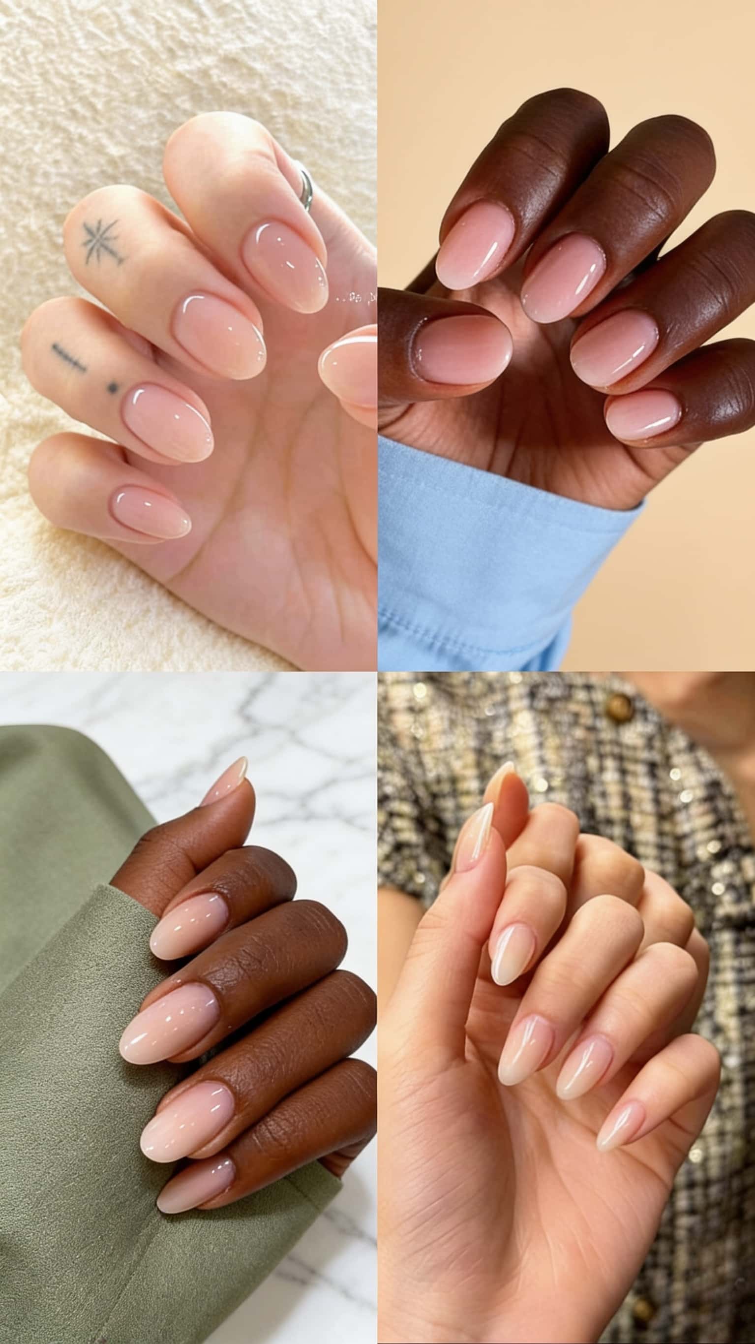6 minimalist nail ideas on manicured hands, tagged cleangirlaesthetic, nail inspo, minimal nails.