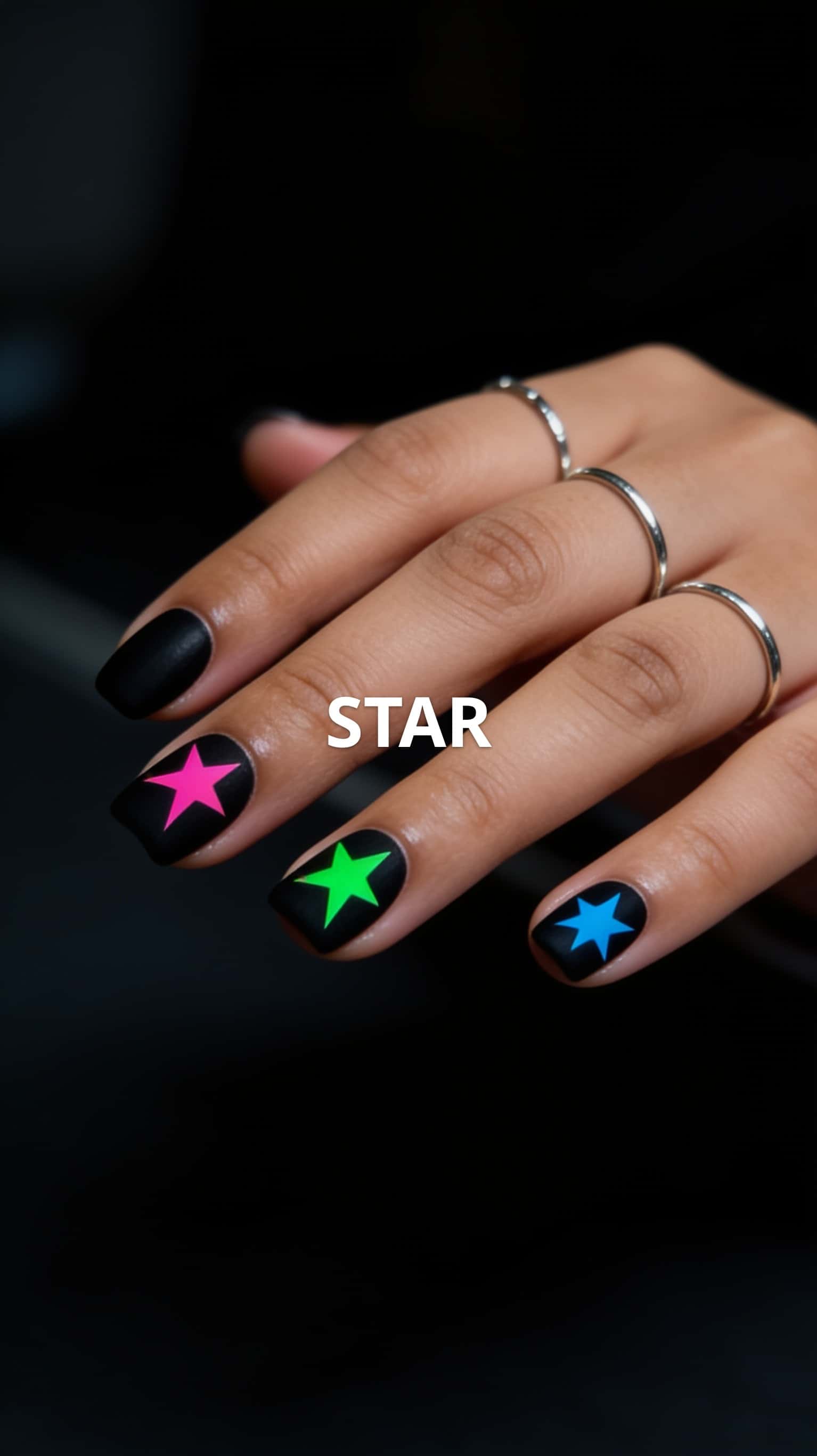 6 chrome nail ideas on manicured hands, including star, cow print, smiley face, polka dots.