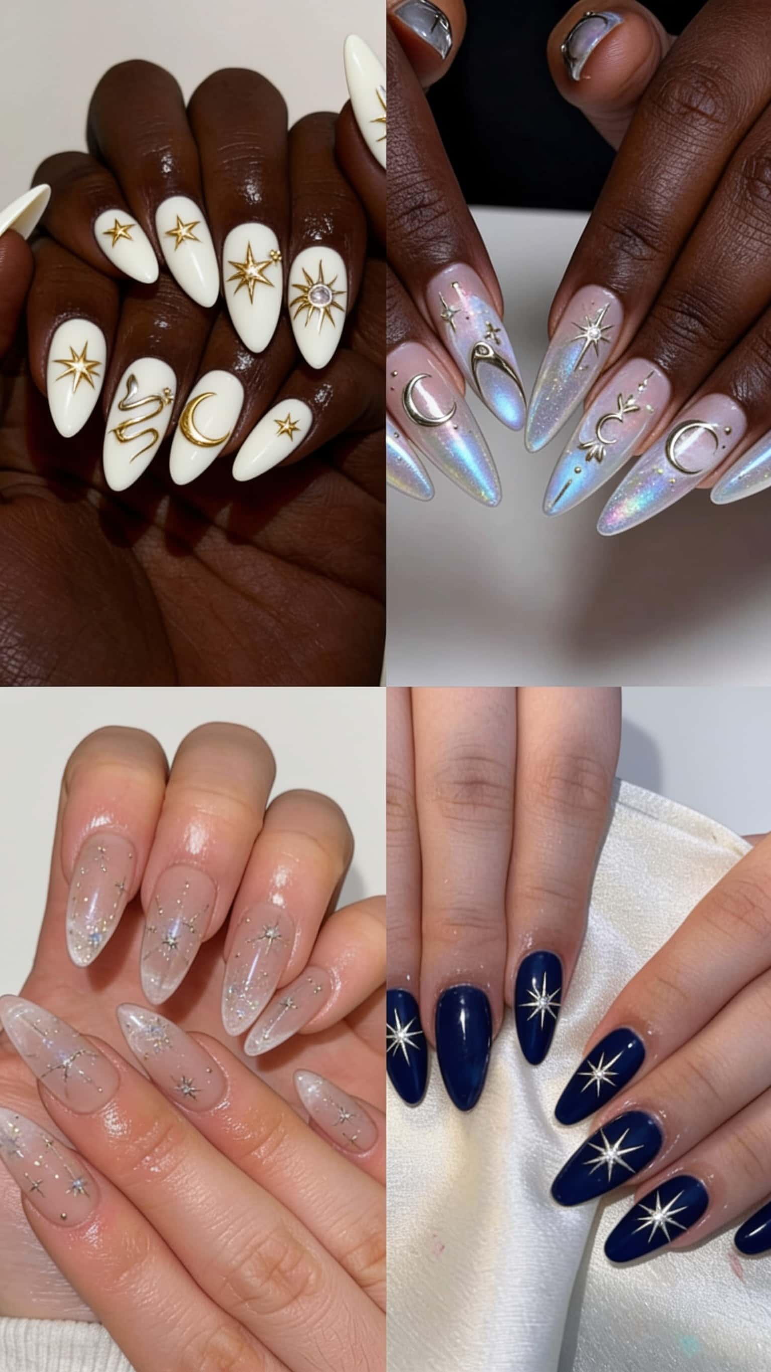 2 nail ideas on manicured hands, tagged celestialnails, nail inspo, nail art.
