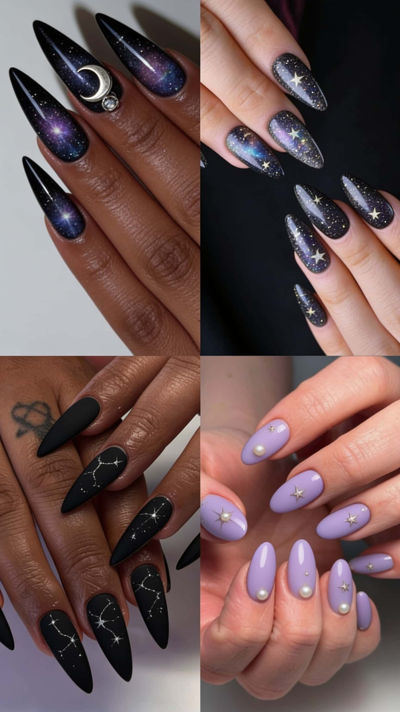 2 nail ideas on manicured hands, tagged celestialnails, nail inspo, nail art.