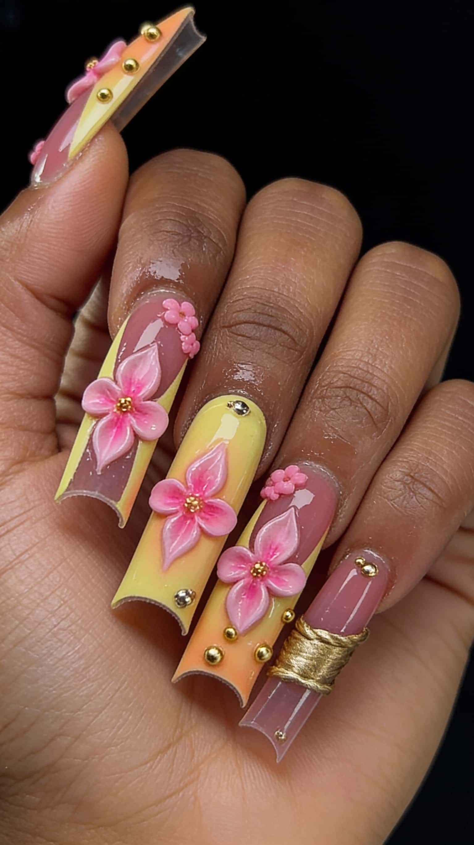 4 spring nail ideas on manicured hands, tagged nail inspo, 3dnails, spring nails.