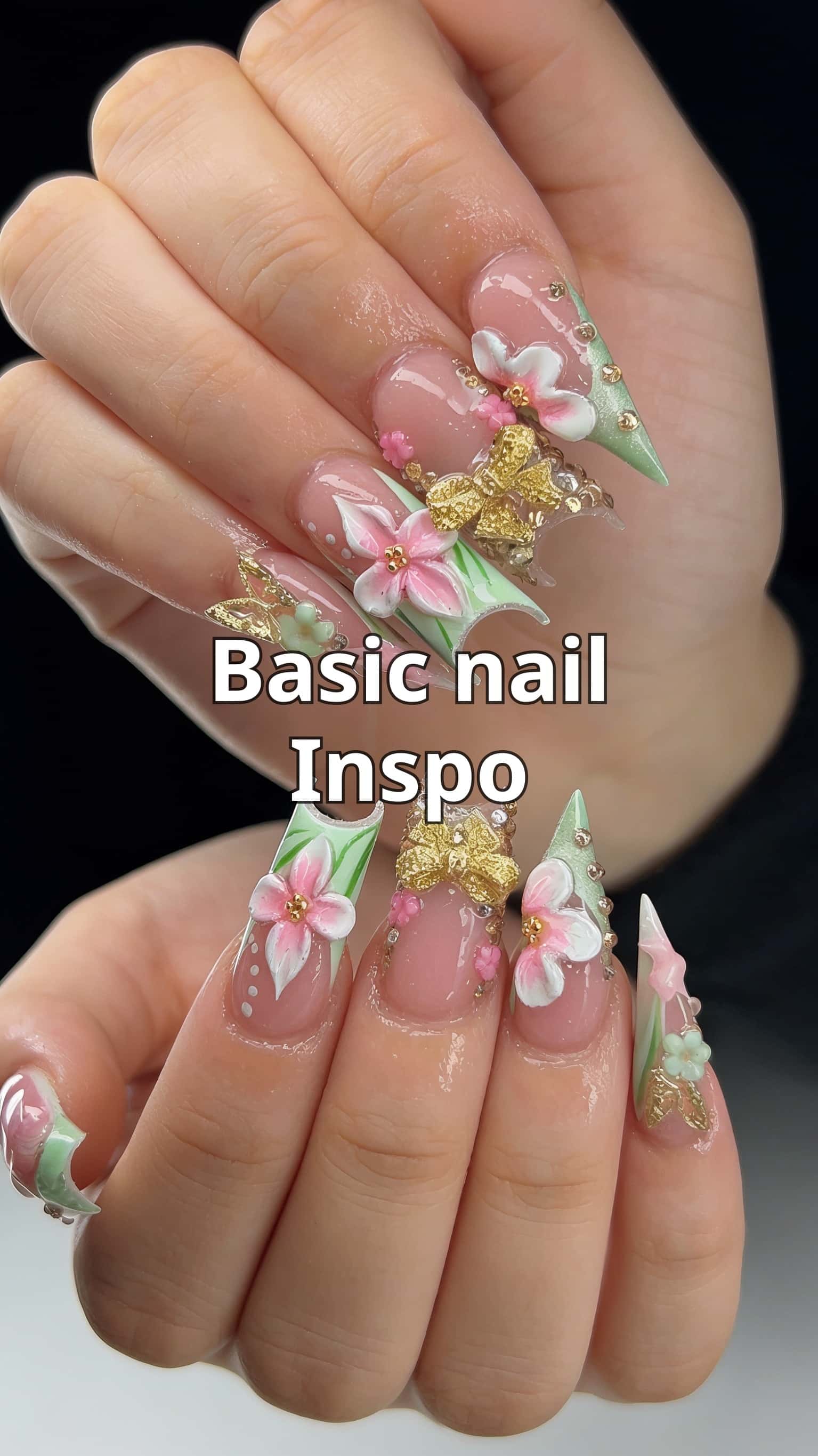 4 spring nail ideas on manicured hands, tagged nail inspo, 3dnails, spring nails.