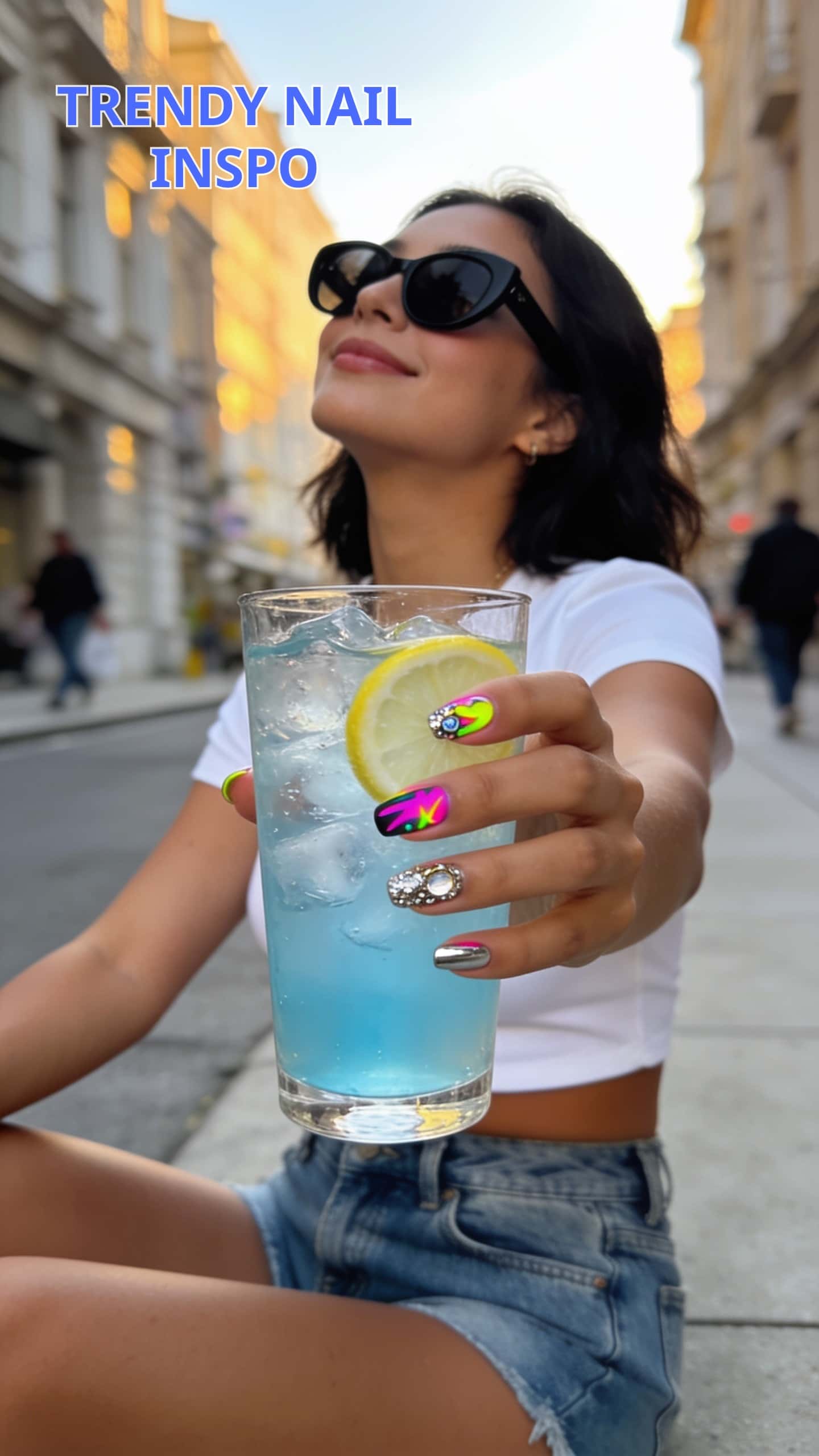 10 red nail ideas on manicured hands, including soft blue ombré, wild cat + neon stars, lustrous red glaze, cute confetti tips.