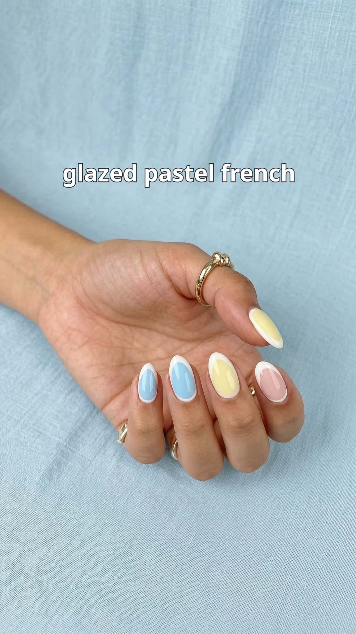 4 glazed nail ideas on manicured hands, including glazed pastel french, soft mismatched polka, colourful french.