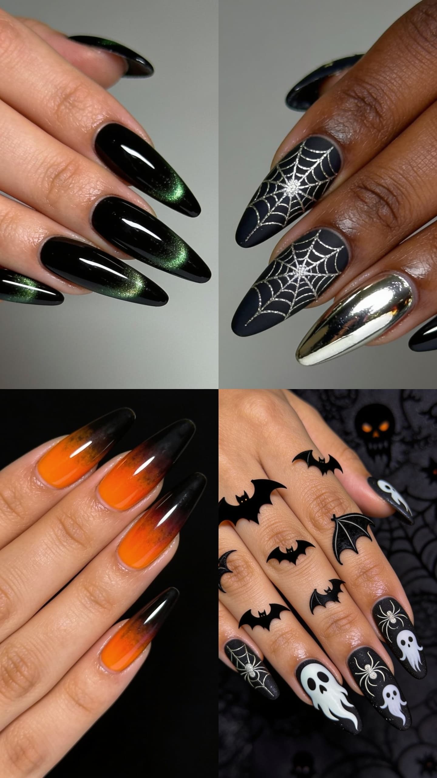 Halloween nail art with green cat-eye black nails, silver spiderwebs, orange-black ombre, and ghost bat designs