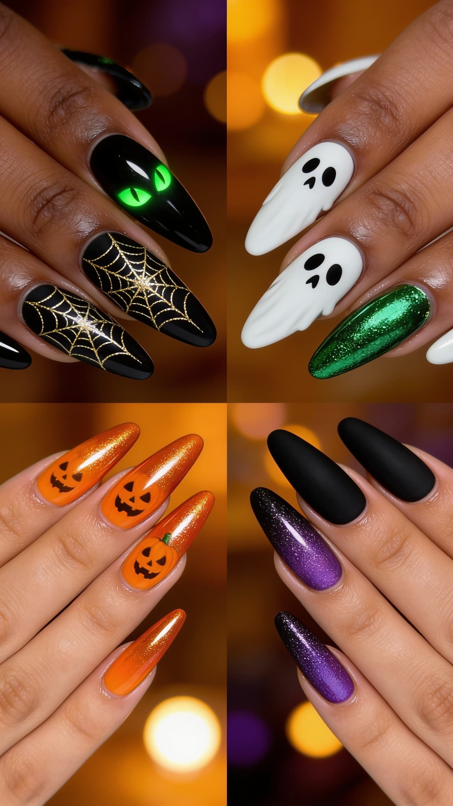 Halloween nail art with cat-eye black nails, white ghost accents, glitter jack-o-lanterns, and matte black with purple glitter