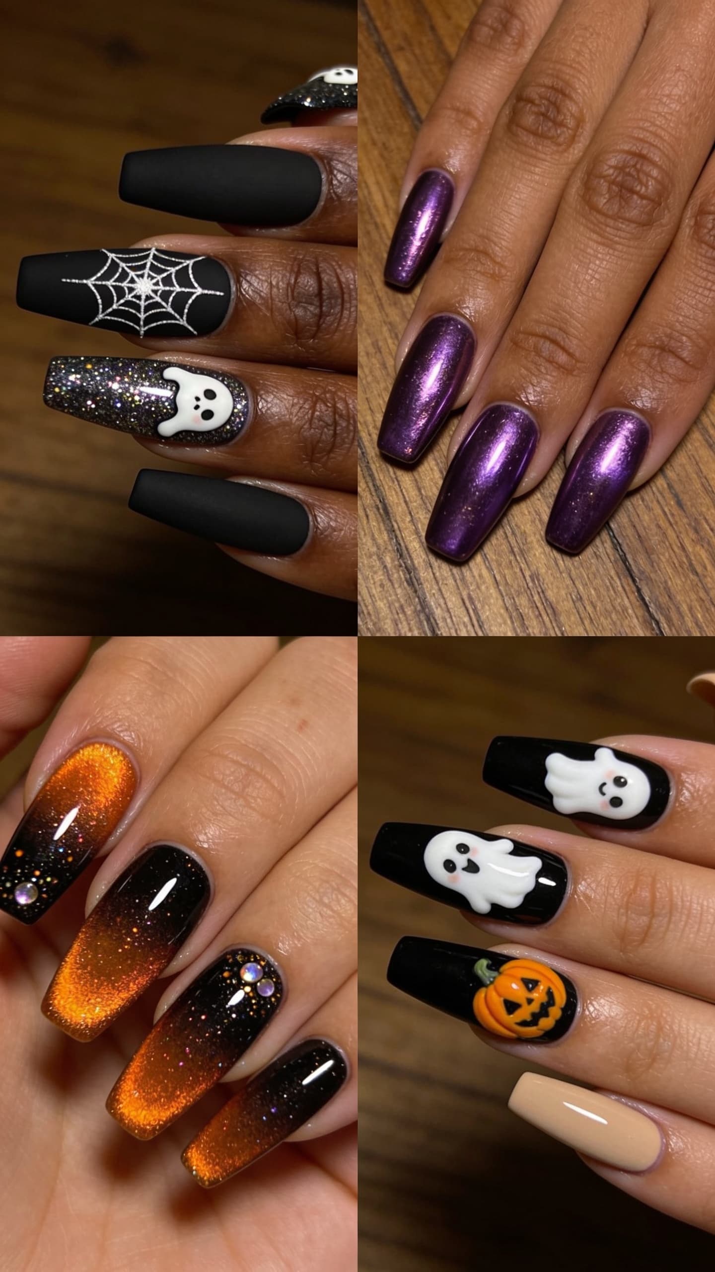 Halloween nail designs with matte black spiderwebs, purple metallic, orange glitter ombre, and cute ghost pumpkin accents