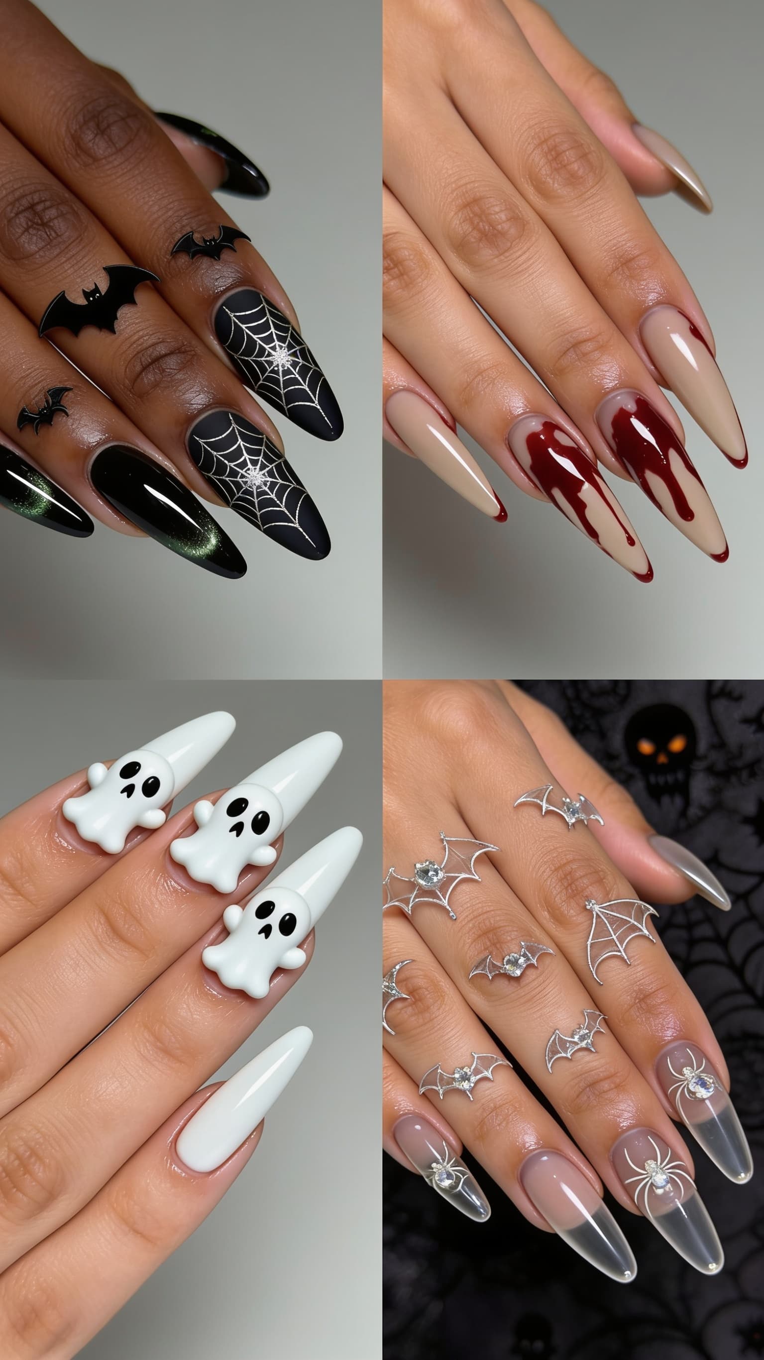 Halloween nail art with gothic spiderwebs and cat-eye, blood drip nudes, 3D white ghosts, and rhinestone spiderwebs