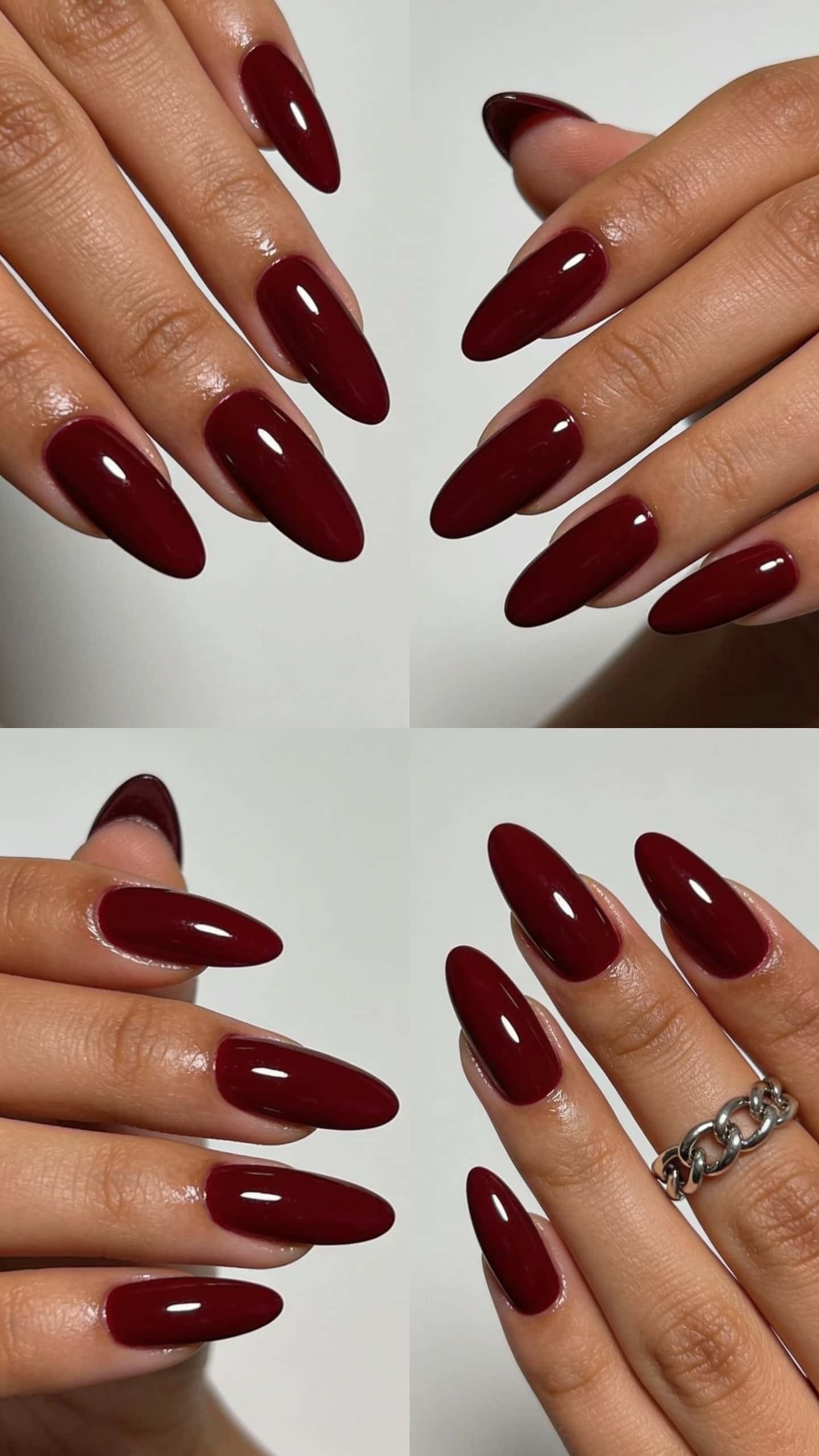 4 red nail ideas on manicured hands, tagged red nails, nail inspo, nail art.