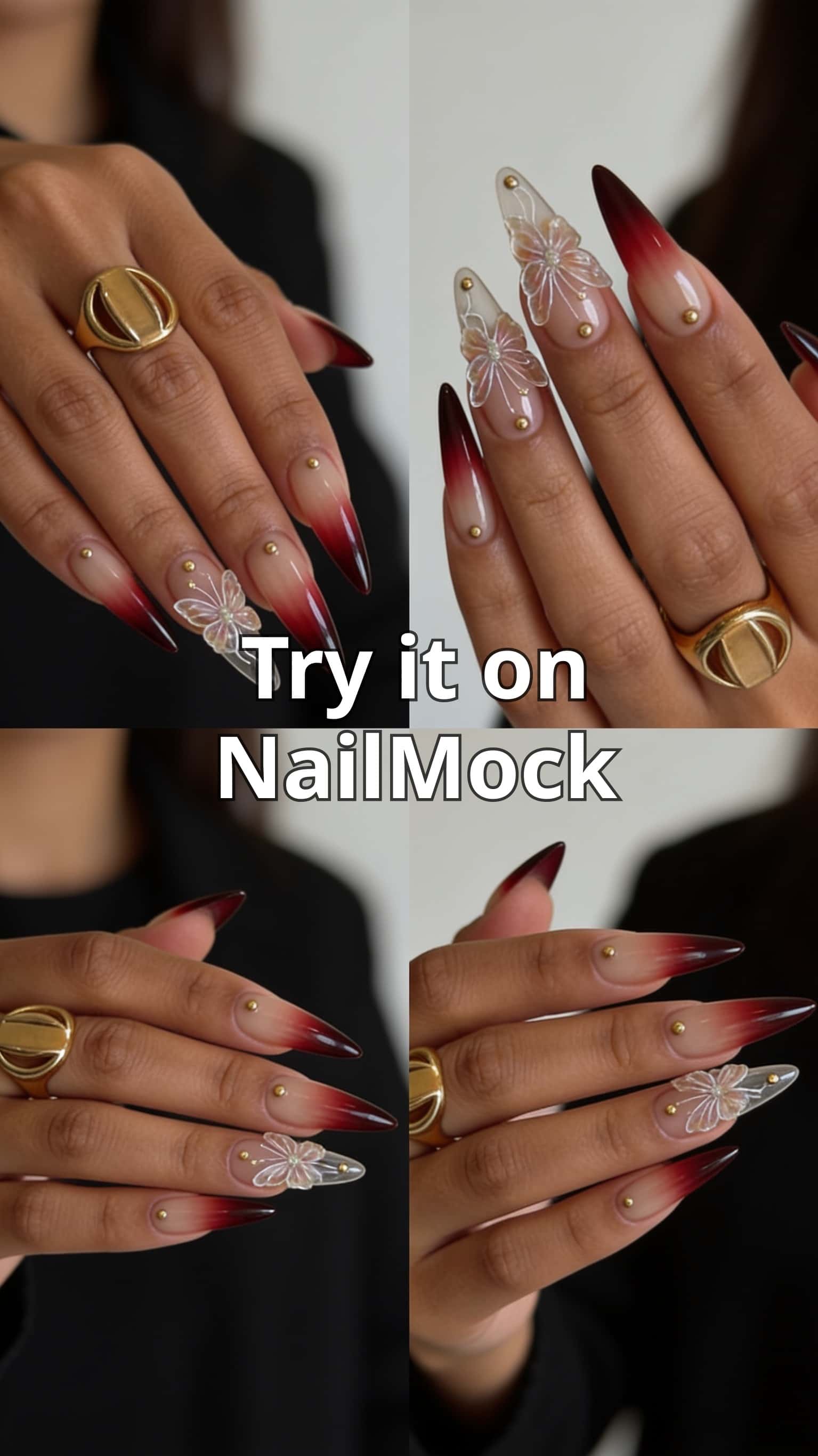 4 red nail ideas on manicured hands, tagged red nails, nail inspo, nail art.