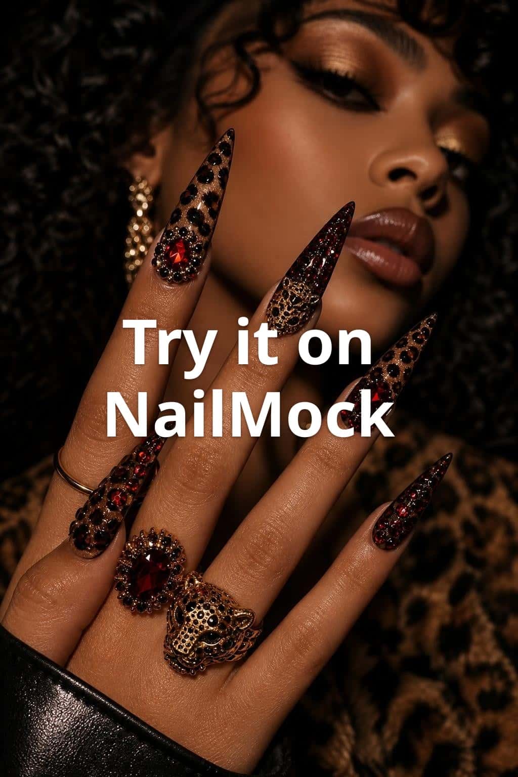 5 leopard print nail ideas on manicured hands, tagged leopard nails, baddienails, nail inspo.