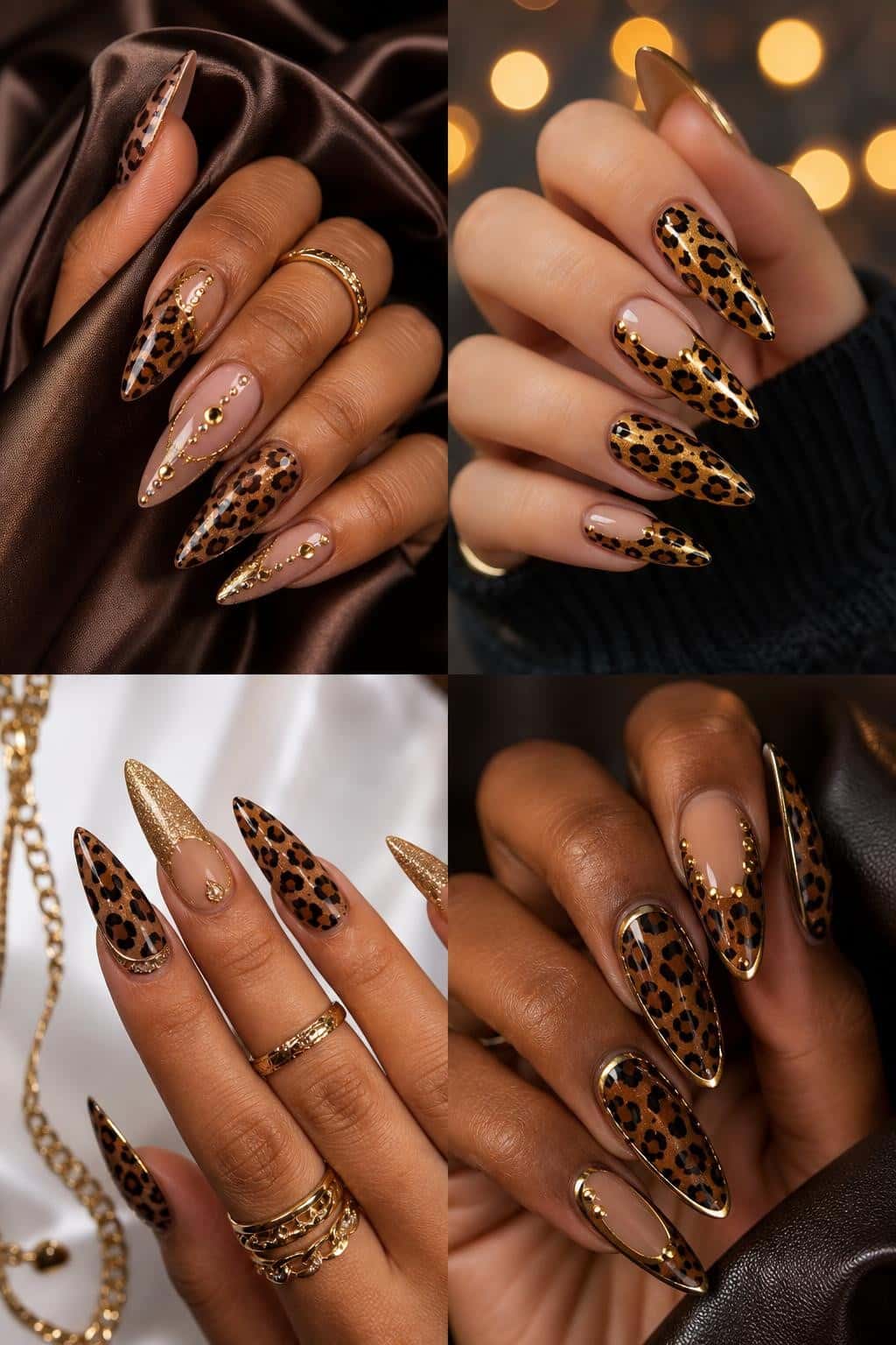 5 leopard print nail ideas on manicured hands, tagged leopard nails, baddienails, nail inspo.