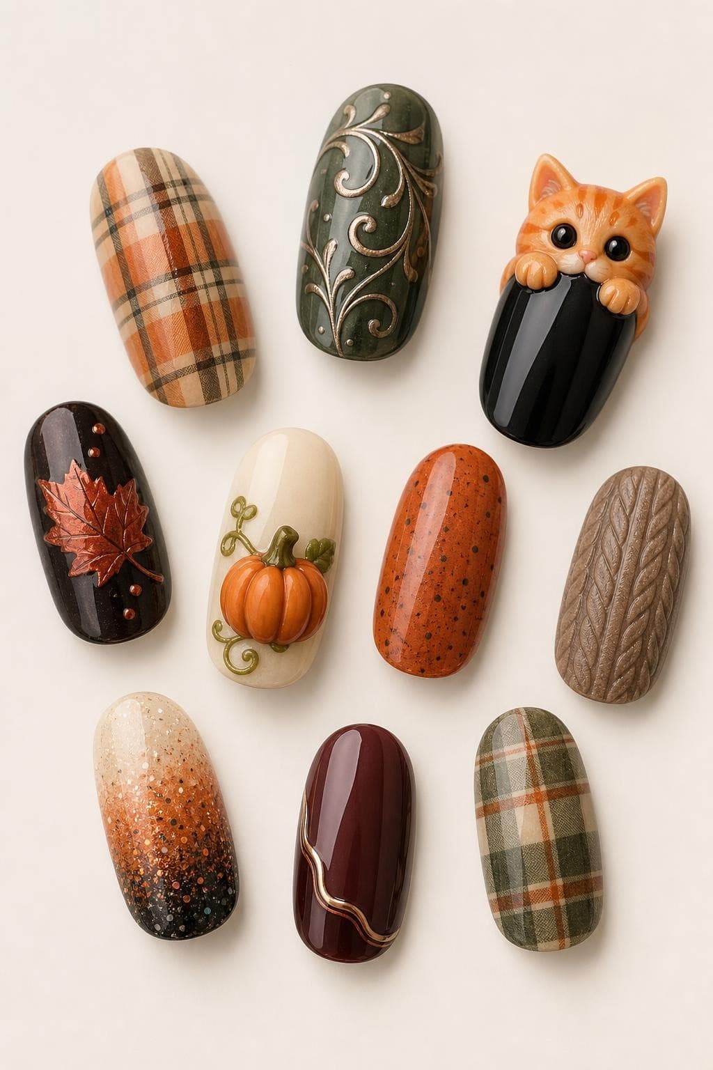 Flat lay of fall and soft Halloween nail designs to pick one booking reference