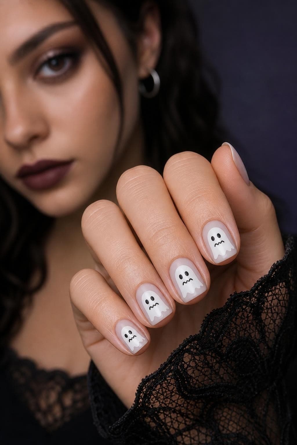 Minimalist white ghost faces on dark Halloween nails for an office-safe set