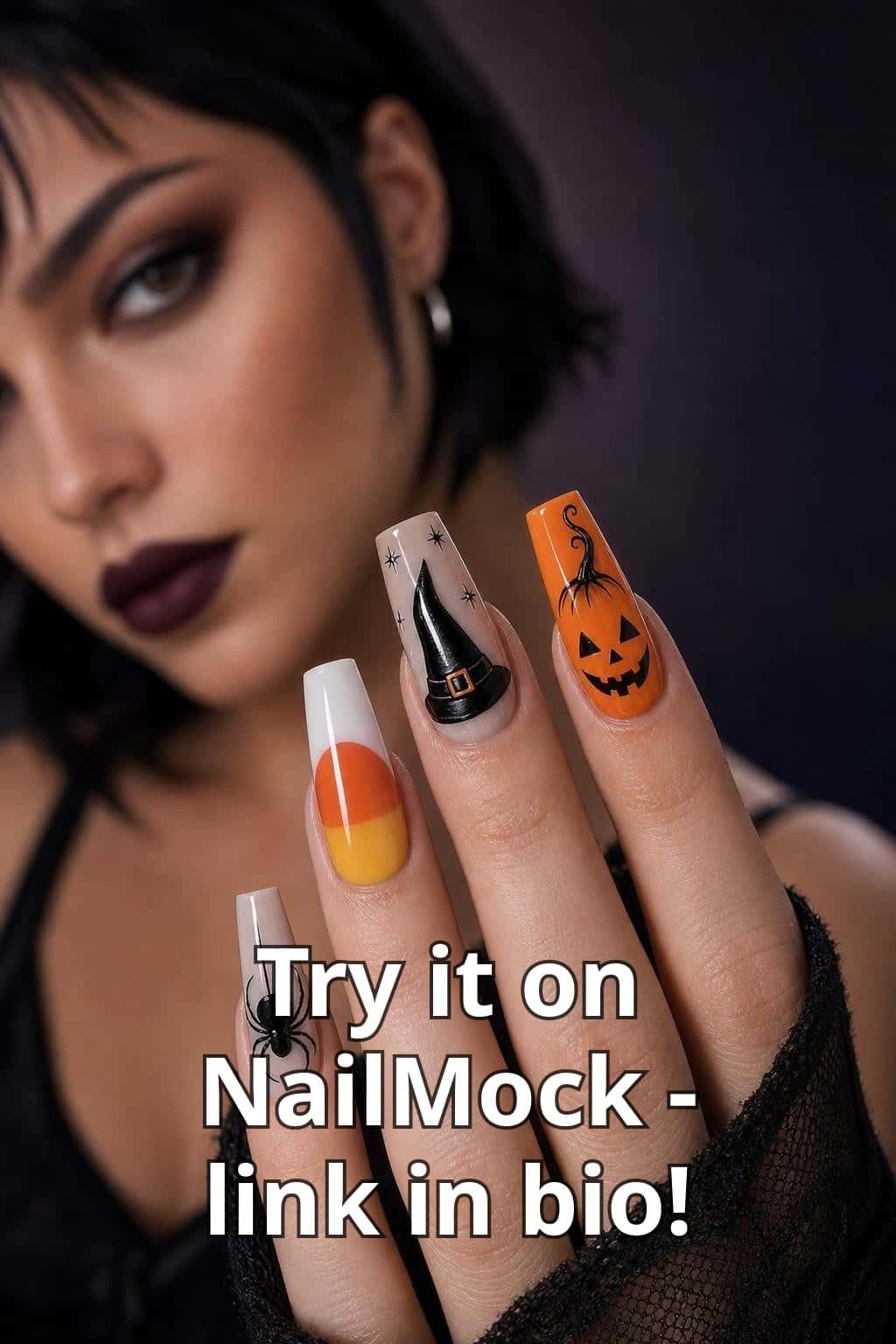 9 halloween nail ideas on manicured hands, tagged halloweenails, fall nails, nail inspo.
