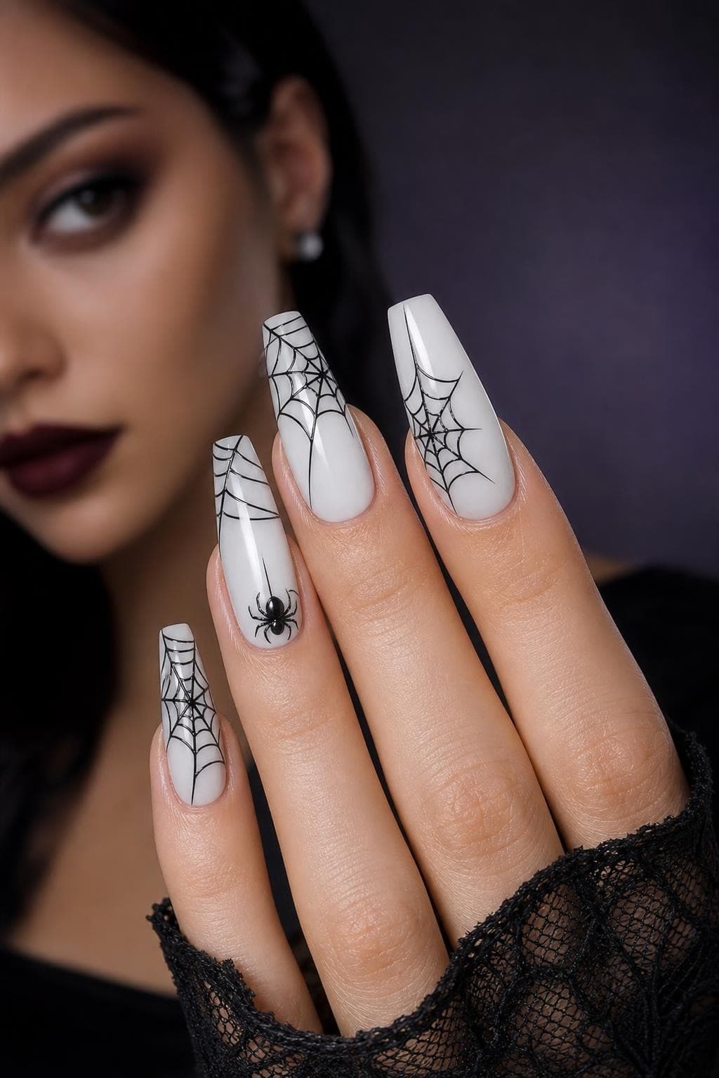 White base nails with black spiderweb art as a clear Halloween reference photo