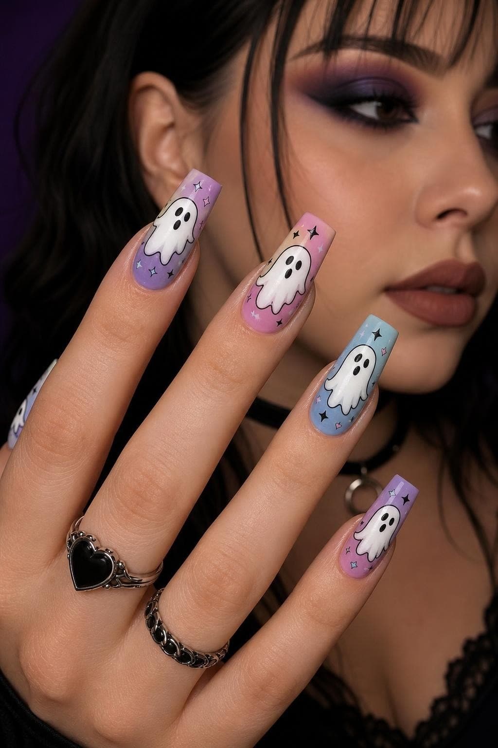 Cartoon ghost Halloween nails chosen as a single primary set before booking