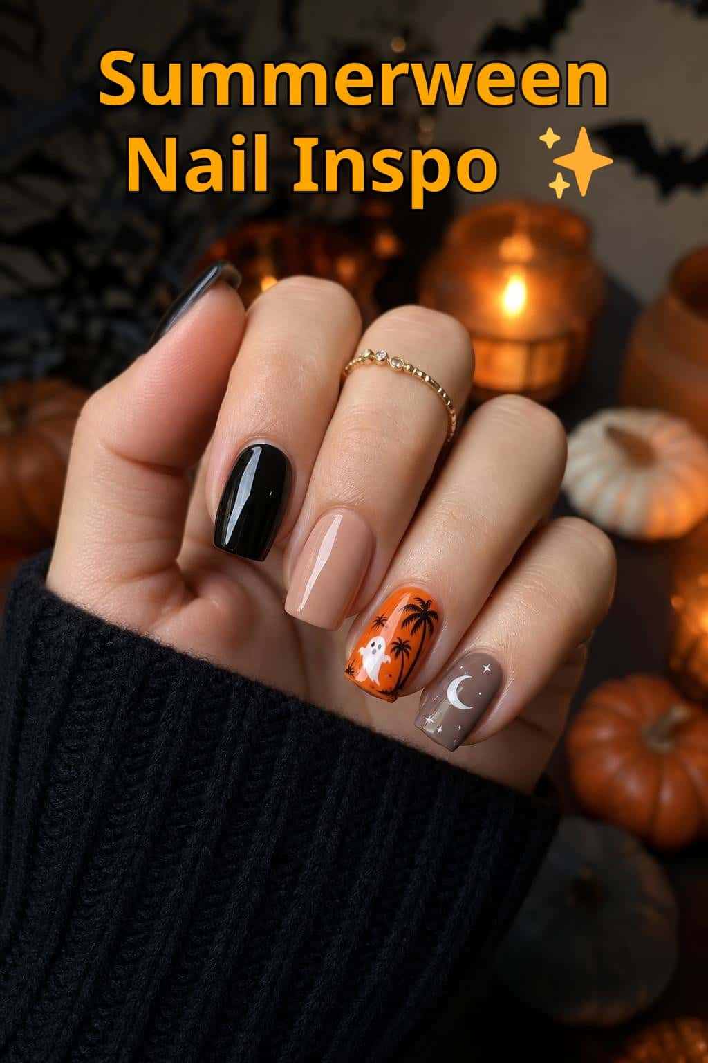 4 halloween nail ideas on manicured hands, tagged summerweennails, halloween nails, nail inspo.