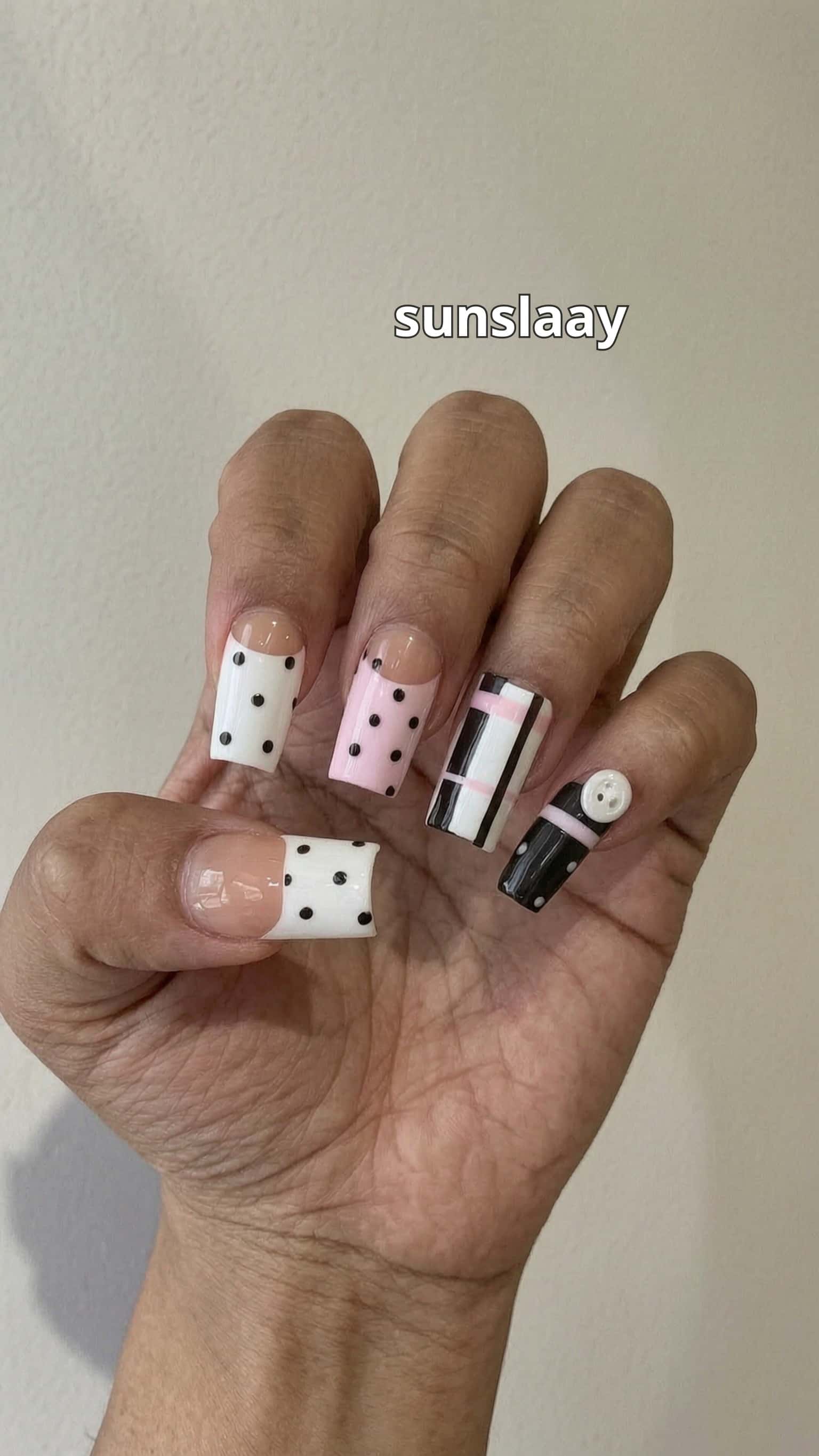 6 nail ideas on manicured hands, including tueslayyy, wedneslayyy, thurslay, frislay.