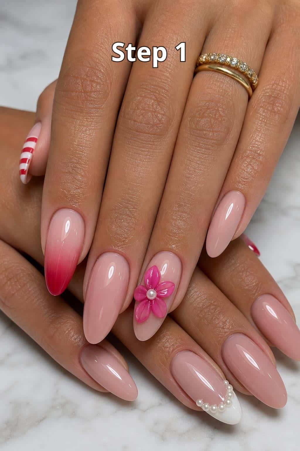 9 nail ideas on manicured hands, including step 1, keep going…, detail shot, save this.