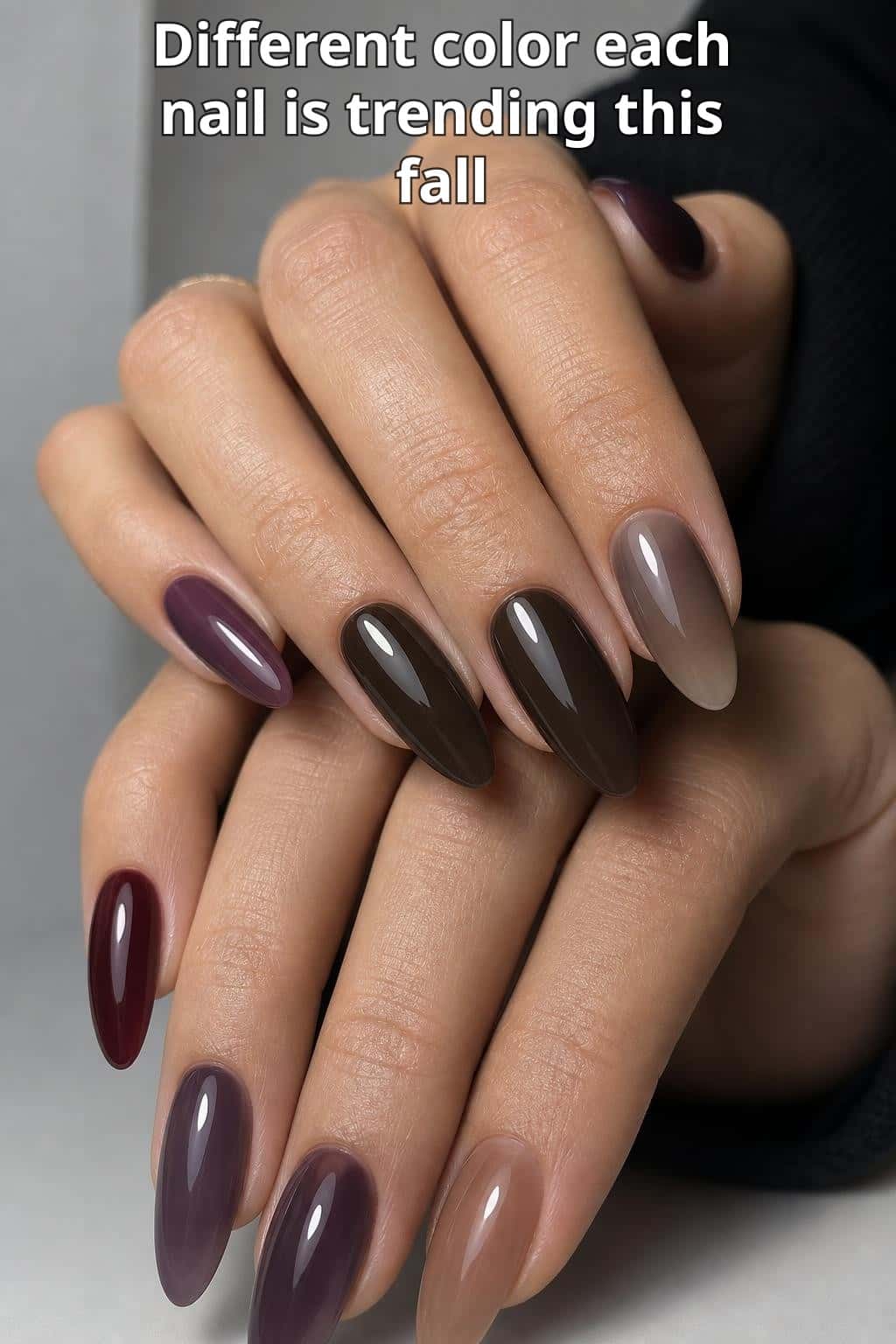 5 fall nail ideas on manicured hands, tagged fall nails, nail inspo, autumn trends.