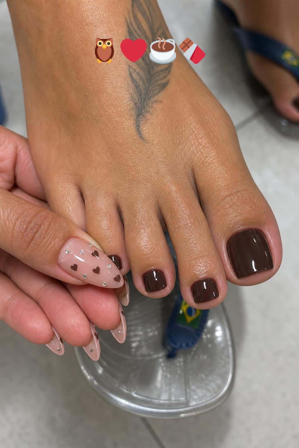 5 fall nail ideas on manicured hands, tagged fallpedi, nail inspo, pedicure.