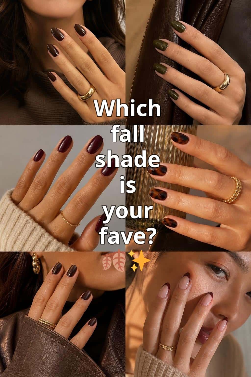 9 black nail ideas on manicured hands, including mocha, mulberry, olive, dark blue.