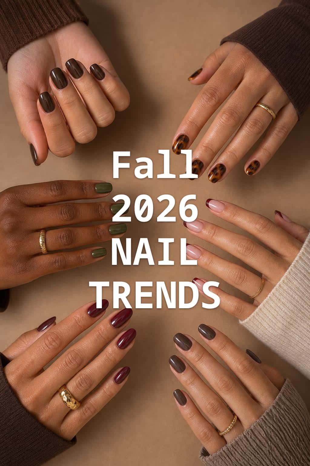9 black nail ideas on manicured hands, including mocha, mulberry, olive, dark blue.