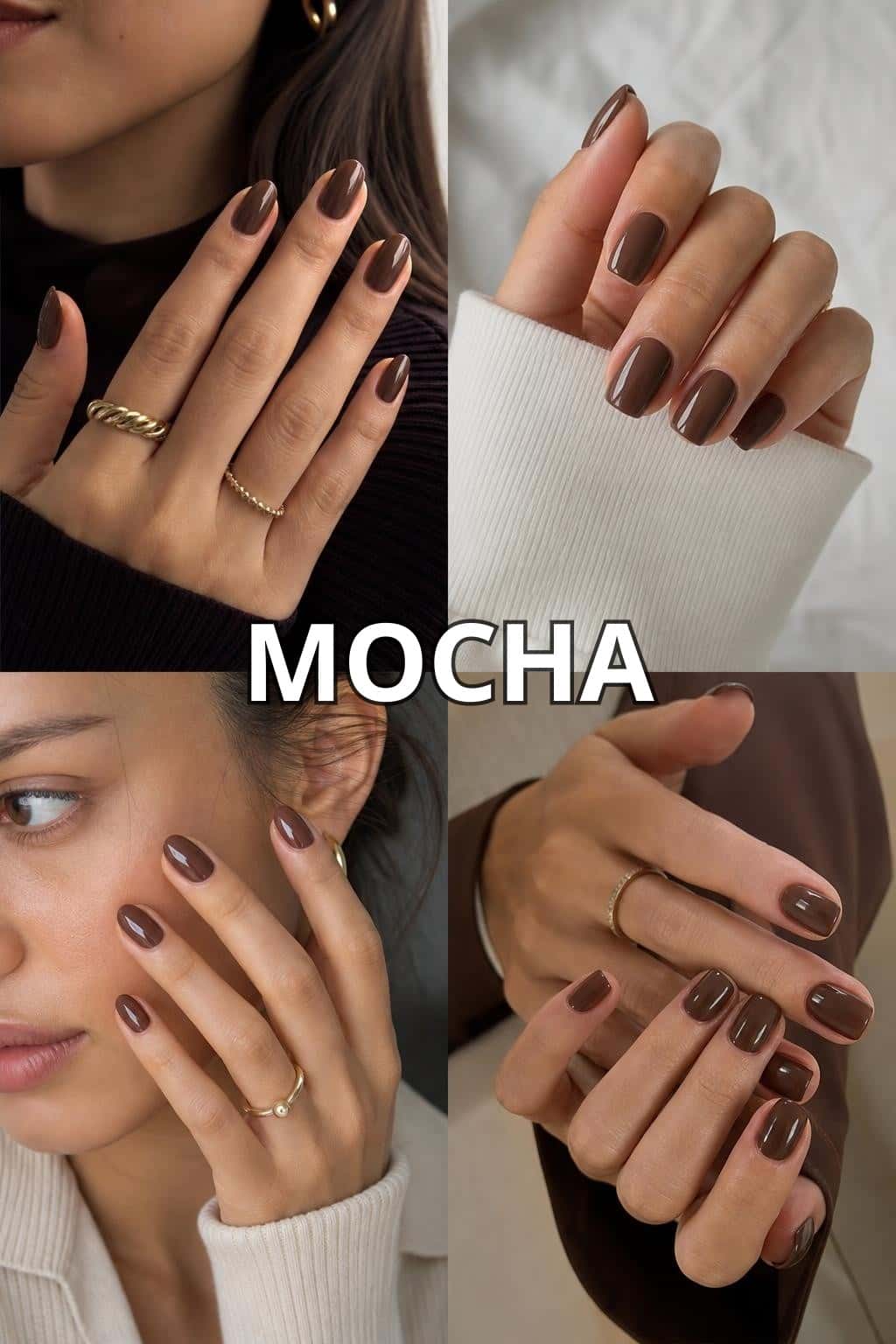 9 black nail ideas on manicured hands, including mocha, mulberry, olive, dark blue.