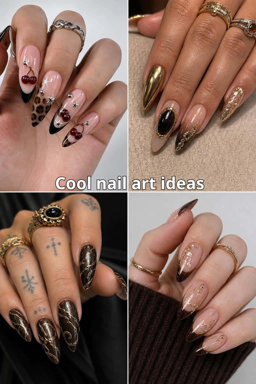 6 maroon nail ideas on manicured hands, including brown, polka dots, tortoise, burgundy/maroon.
