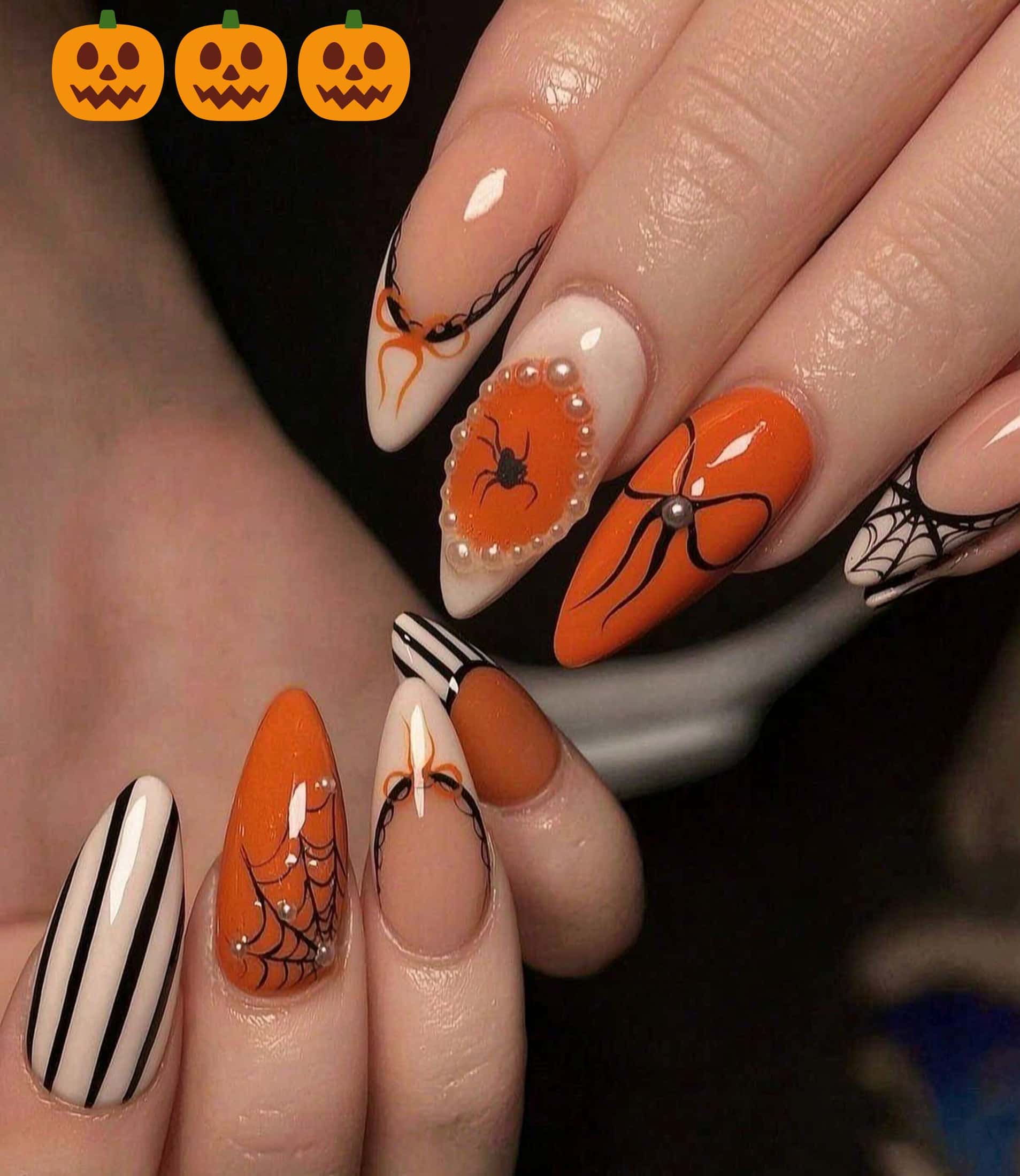8 halloween nail ideas on manicured hands, including present softer, cute spooky options, feature iconic horror elements, show dark, abstract horror theme.