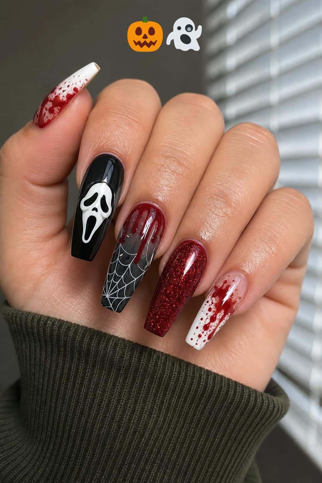 8 halloween nail ideas on manicured hands, including present softer, cute spooky options, feature iconic horror elements, show dark, abstract horror theme.