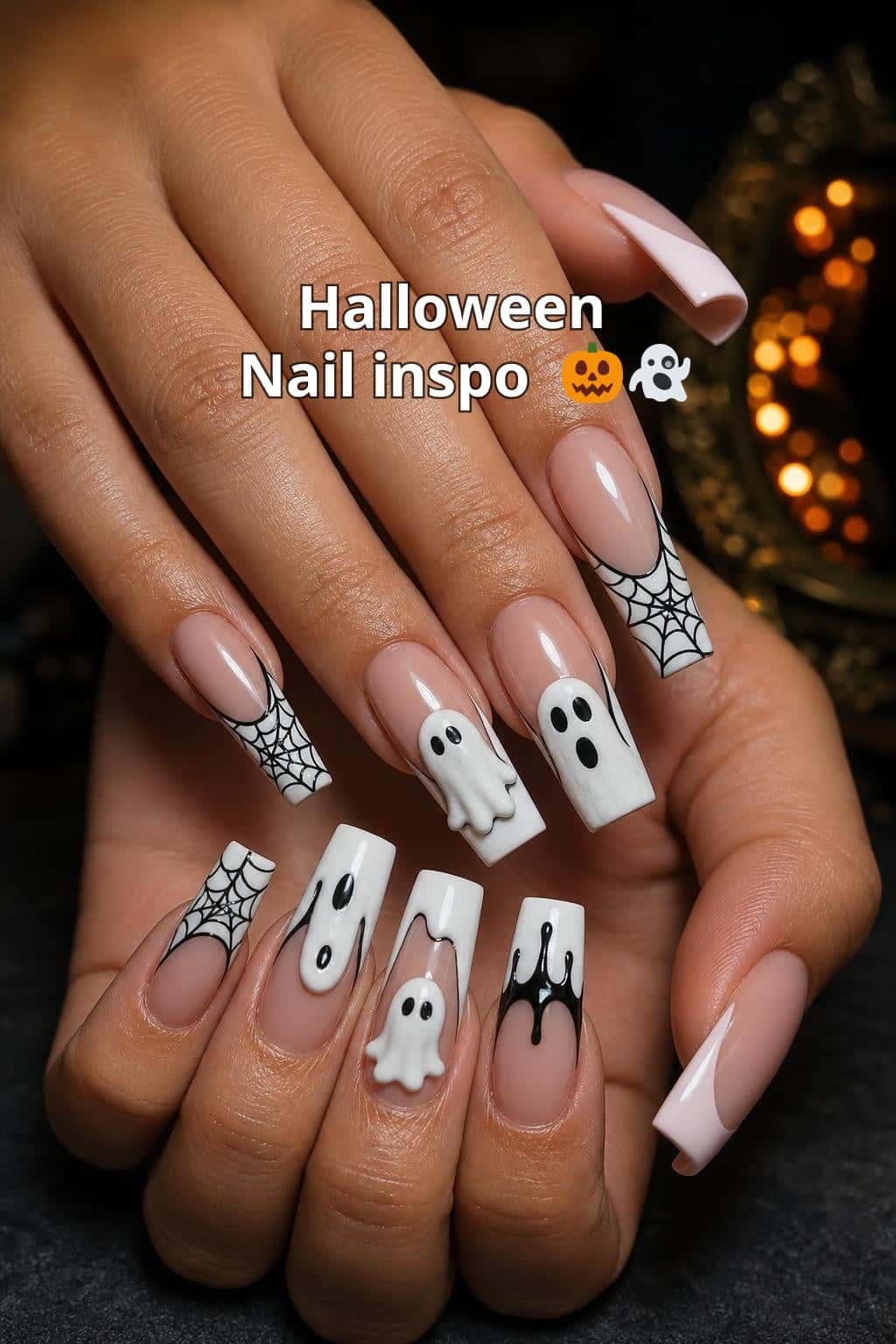 8 halloween nail ideas on manicured hands, including present softer, cute spooky options, feature iconic horror elements, show dark, abstract horror theme.