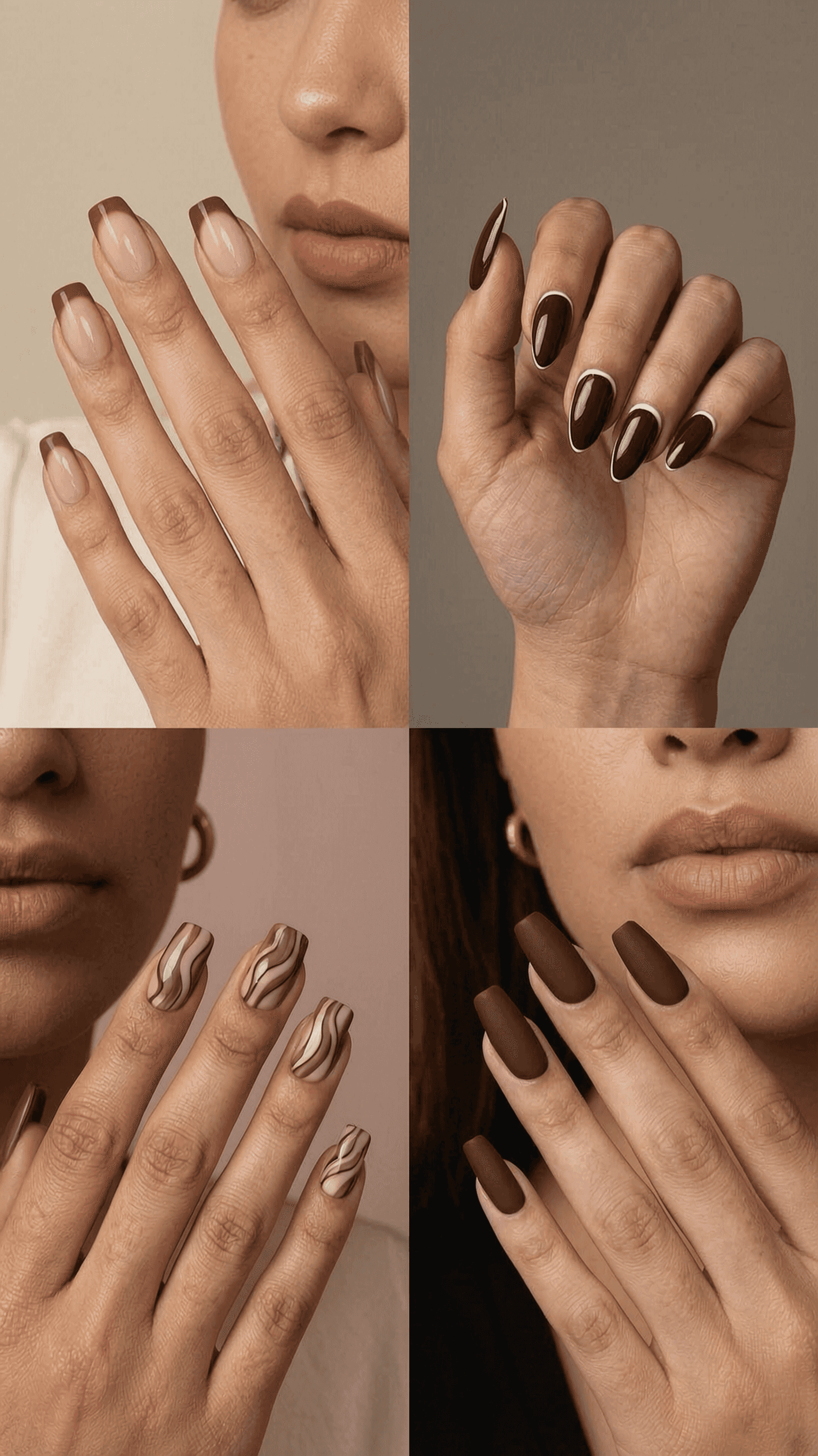 6 brown nail ideas on manicured hands, tagged brown nails, nail inspo, fall nails.